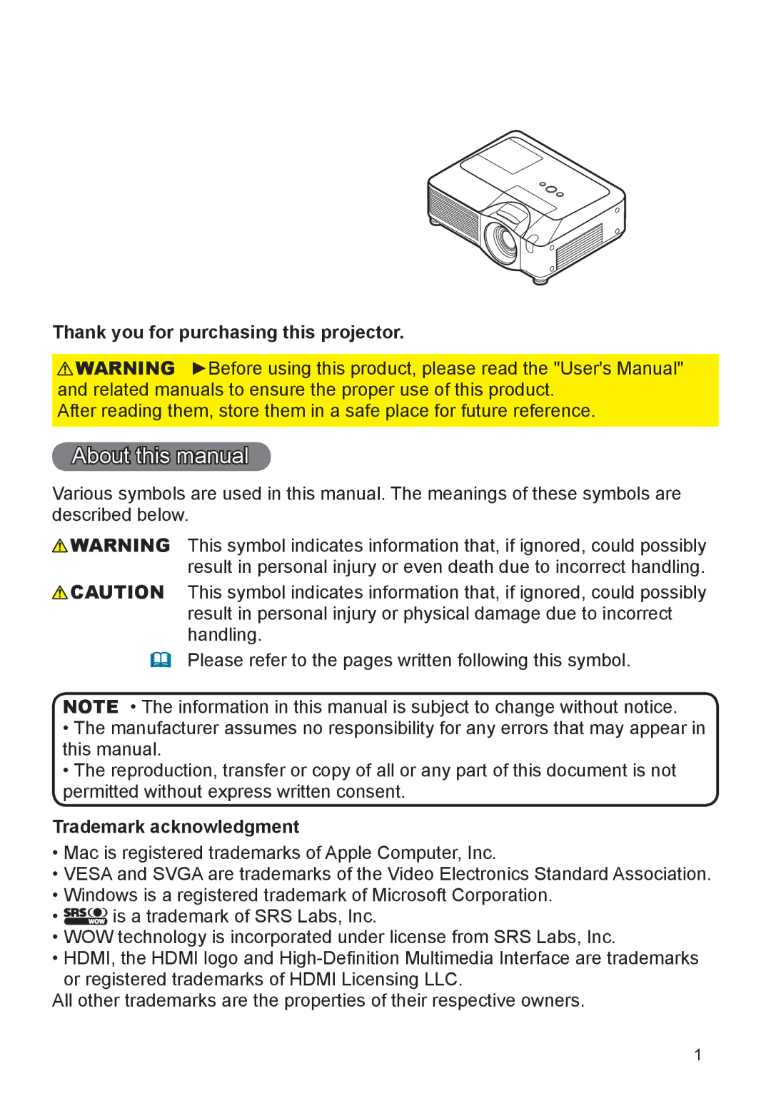 Planar PR9020 user manual About this manual, Thank you for purchasing this projector, Trademark acknowledgment 