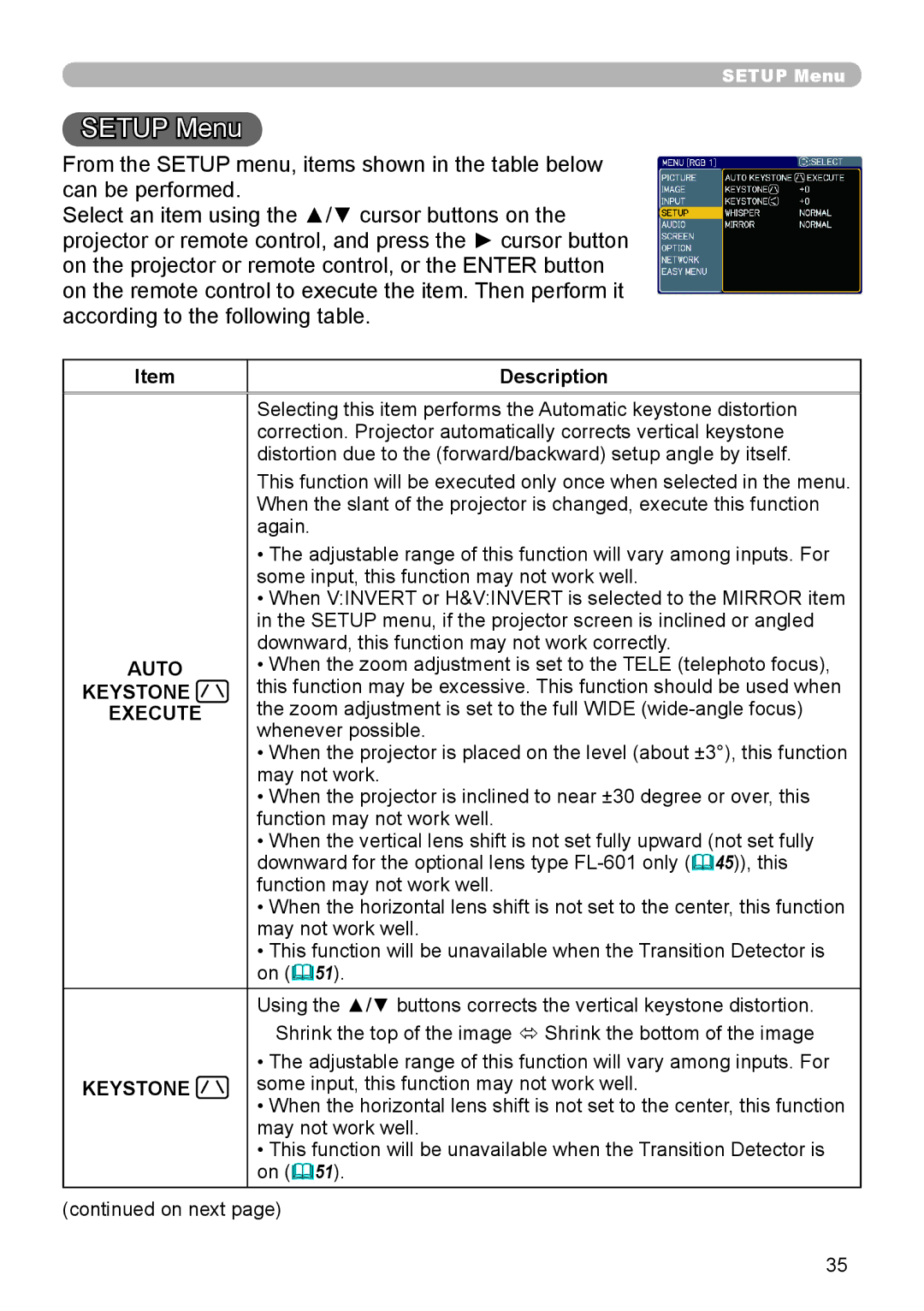 Planar PR9020 user manual Setup Menu 