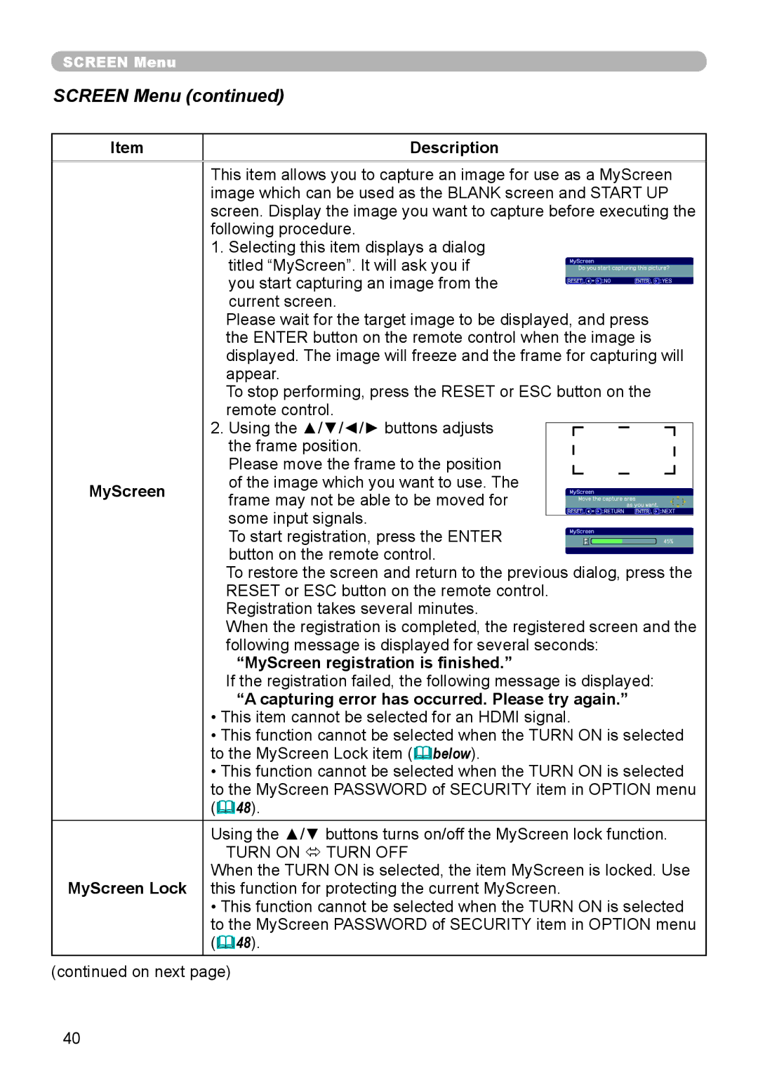 Planar PR9020 user manual MyScreen registration is finished, Capturing error has occurred. Please try again 