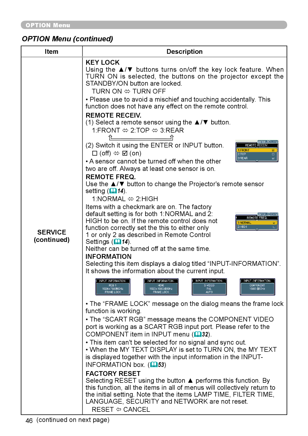 Planar PR9020 user manual KEY Lock, Remote Receiv, Remote Freq, Information, Factory Reset 