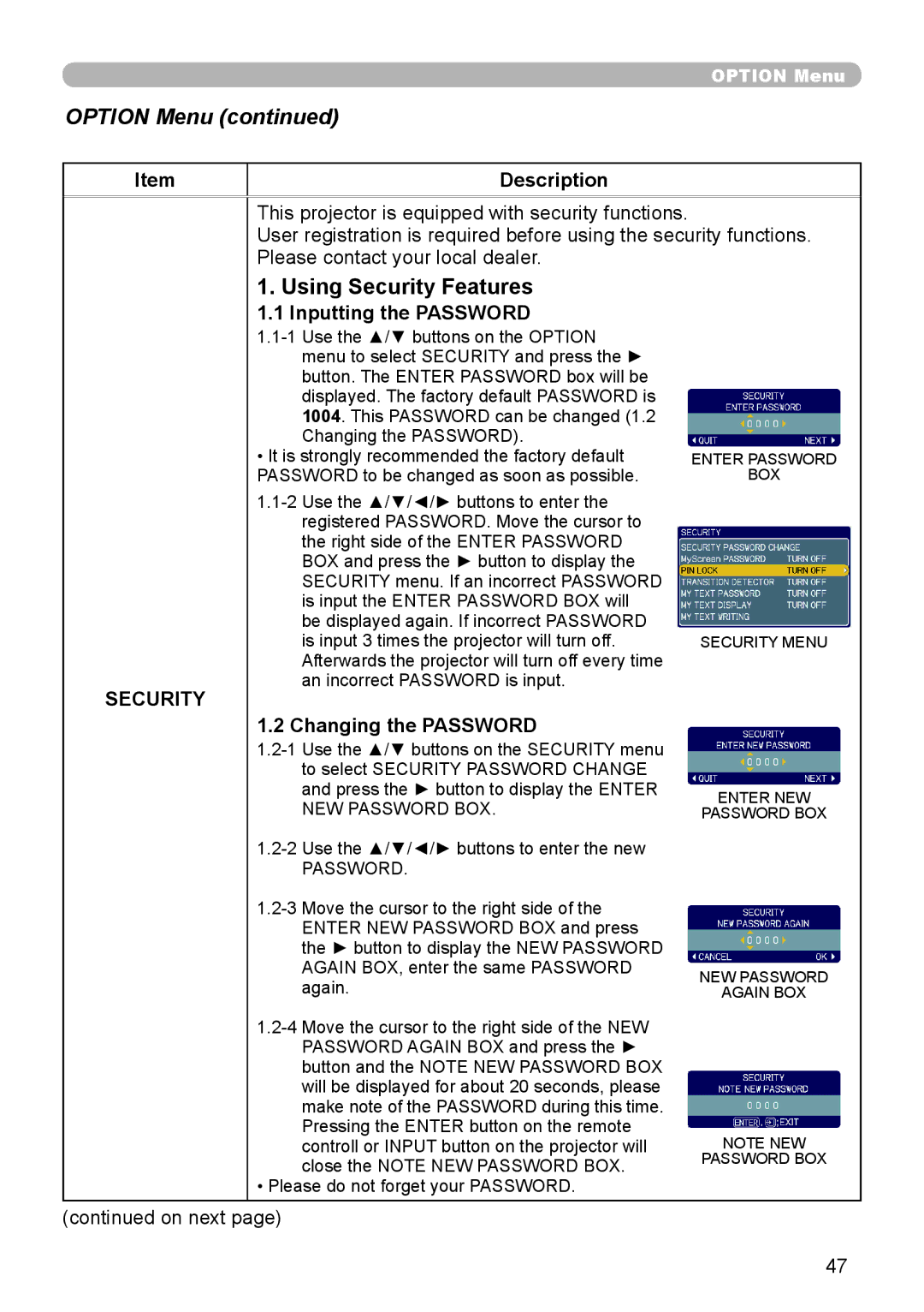 Planar PR9020 user manual Using Security Features, Inputting the Password, Changing the Password 