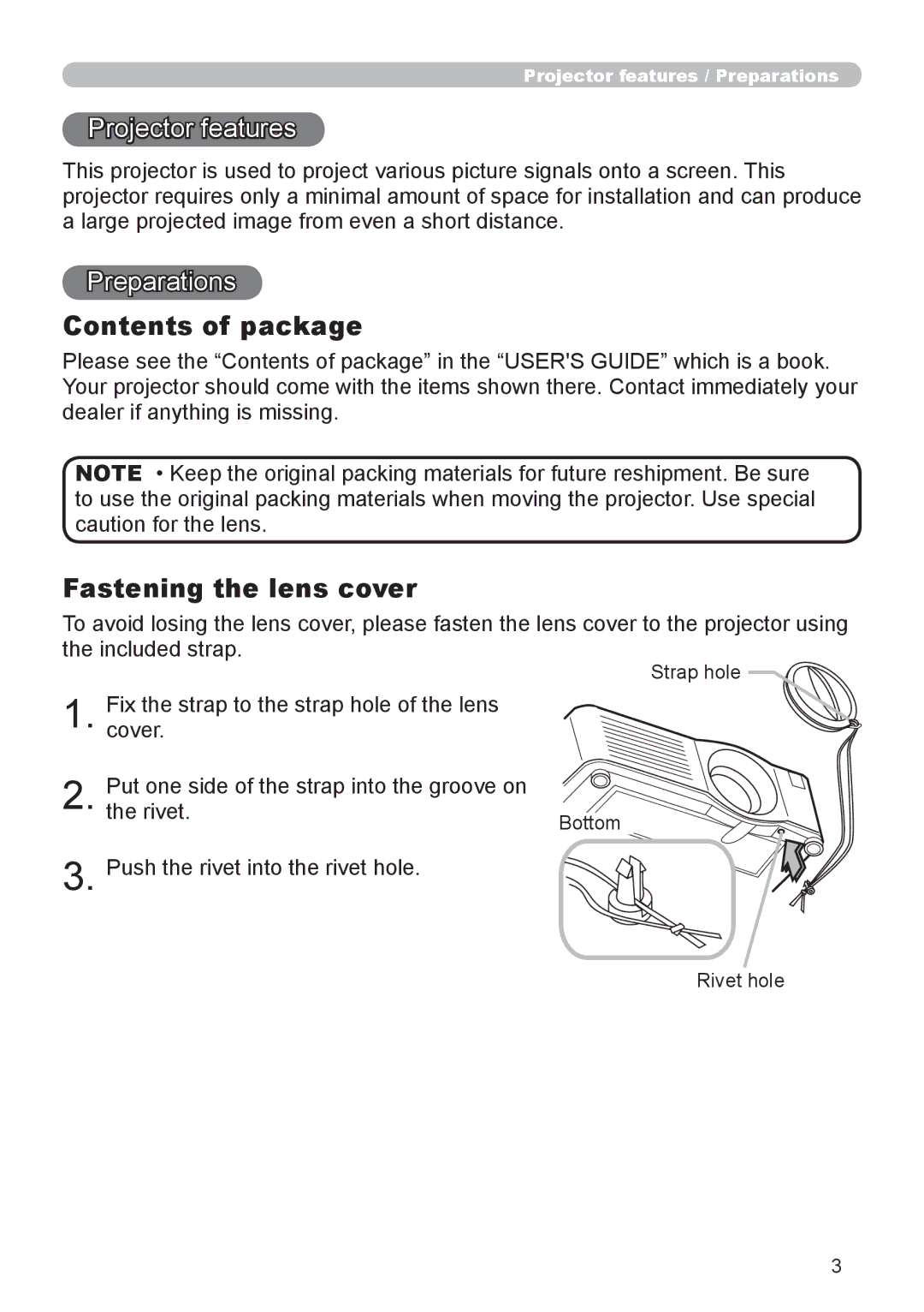 Planar PR9020 user manual Contents of package, Fastening the lens cover 