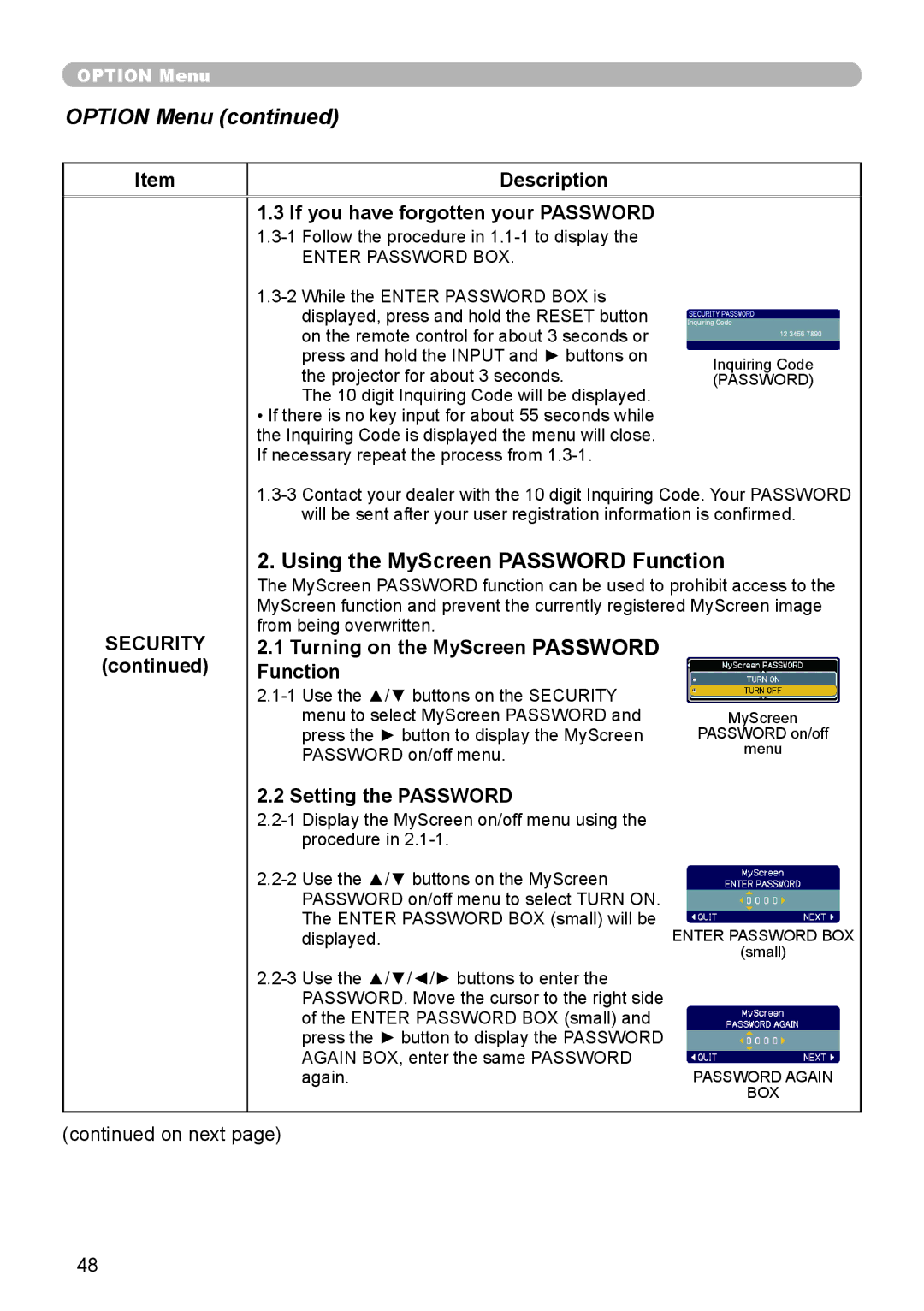 Planar PR9020 Using the MyScreen Password Function, Description If you have forgotten your Password, Setting the Password 