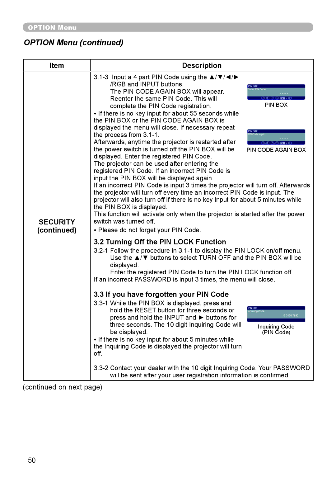 Planar PR9020 user manual Description Security, Turning Off the PIN Lock Function, If you have forgotten your PIN Code 