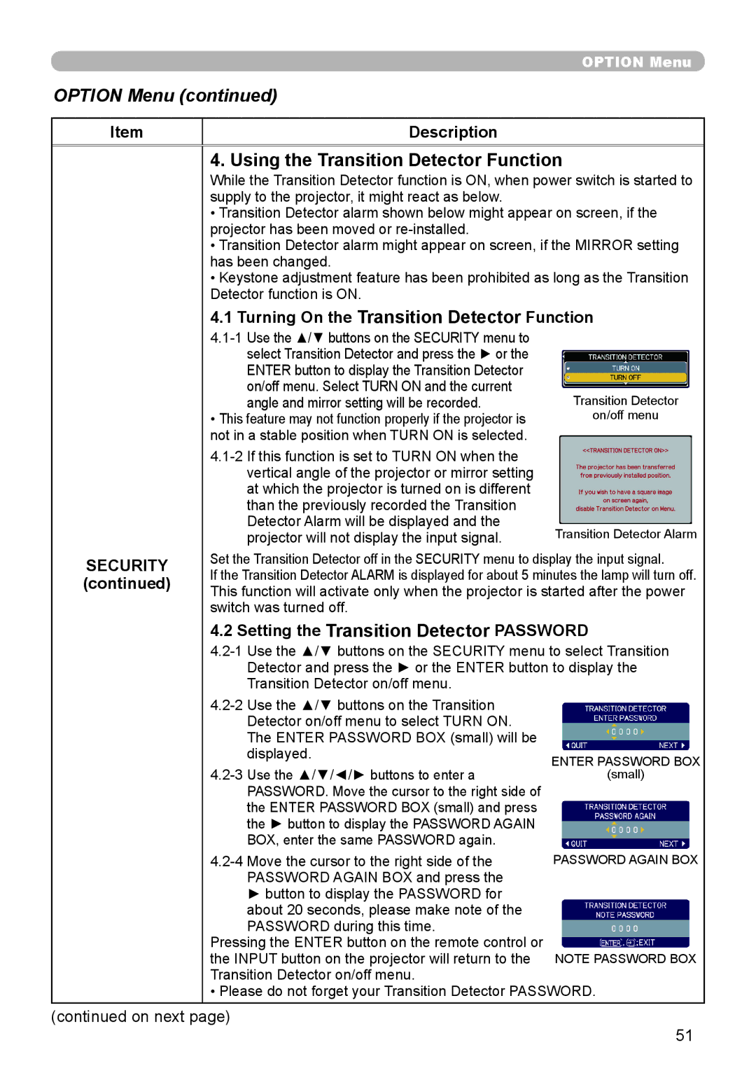 Planar PR9020 user manual Using the Transition Detector Function, Turning On the Transition Detector Function 