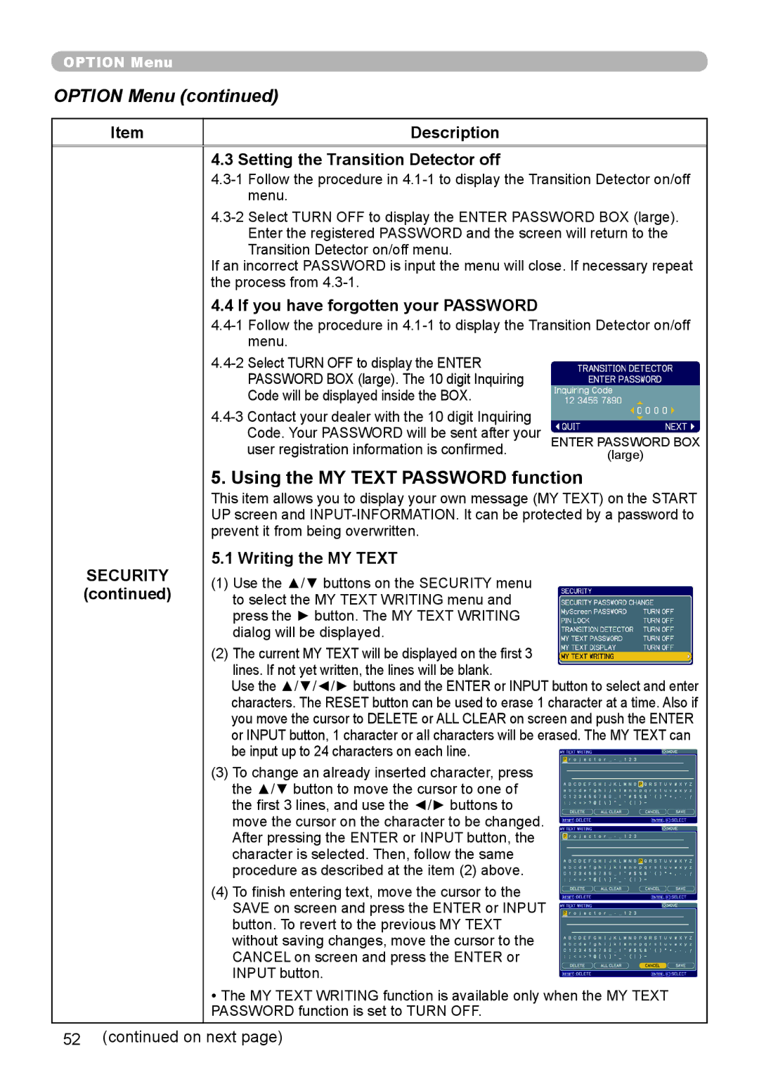 Planar PR9020 user manual Using the MY Text Password function, Setting the Transition Detector off, Writing the MY Text 