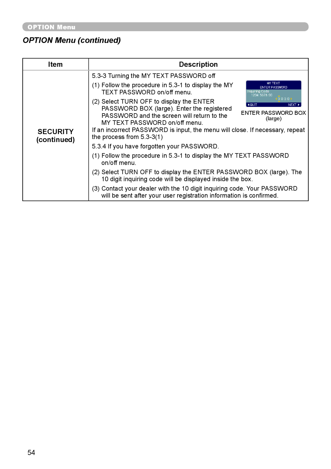 Planar PR9020 user manual Password and the screen will return to 