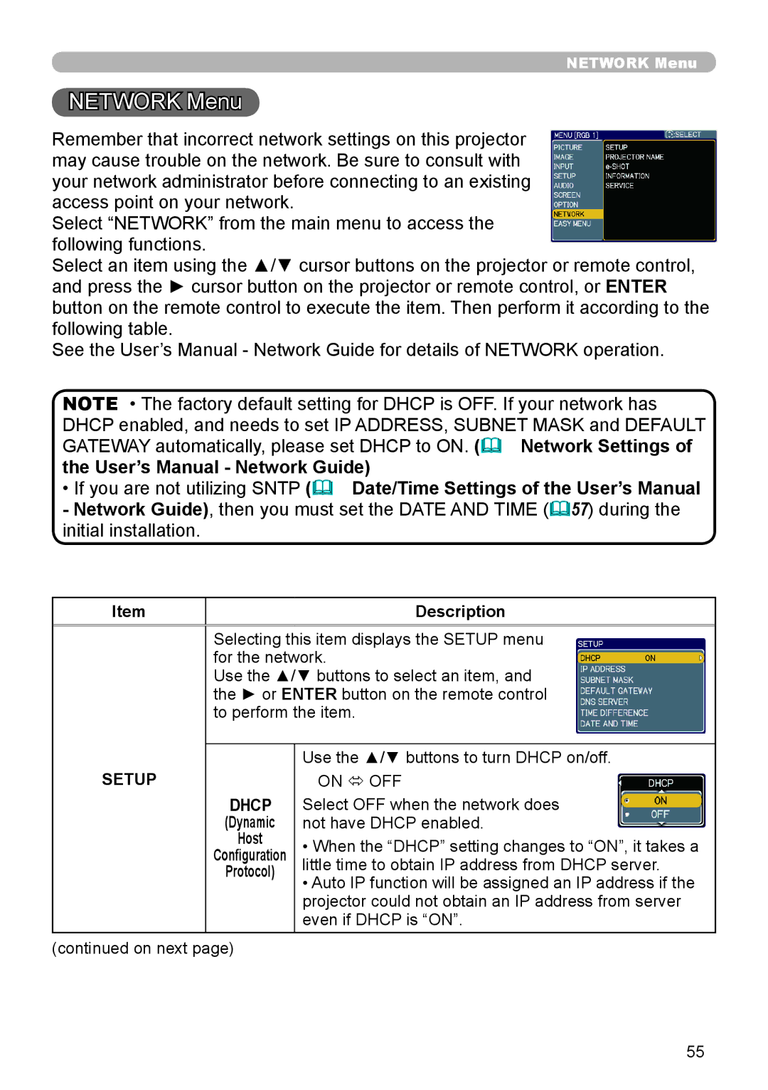 Planar PR9020 user manual Network Menu, Setup 