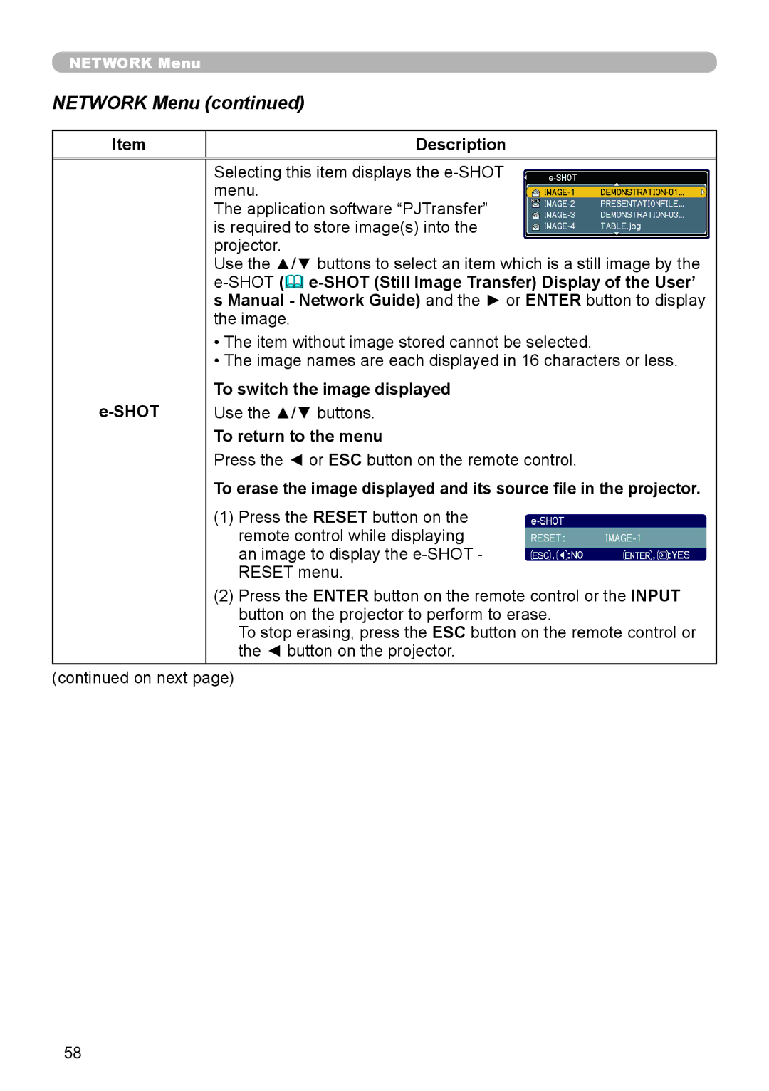 Planar PR9020 user manual Description Shot, To switch the image displayed, Use the / buttons, To return to the menu 