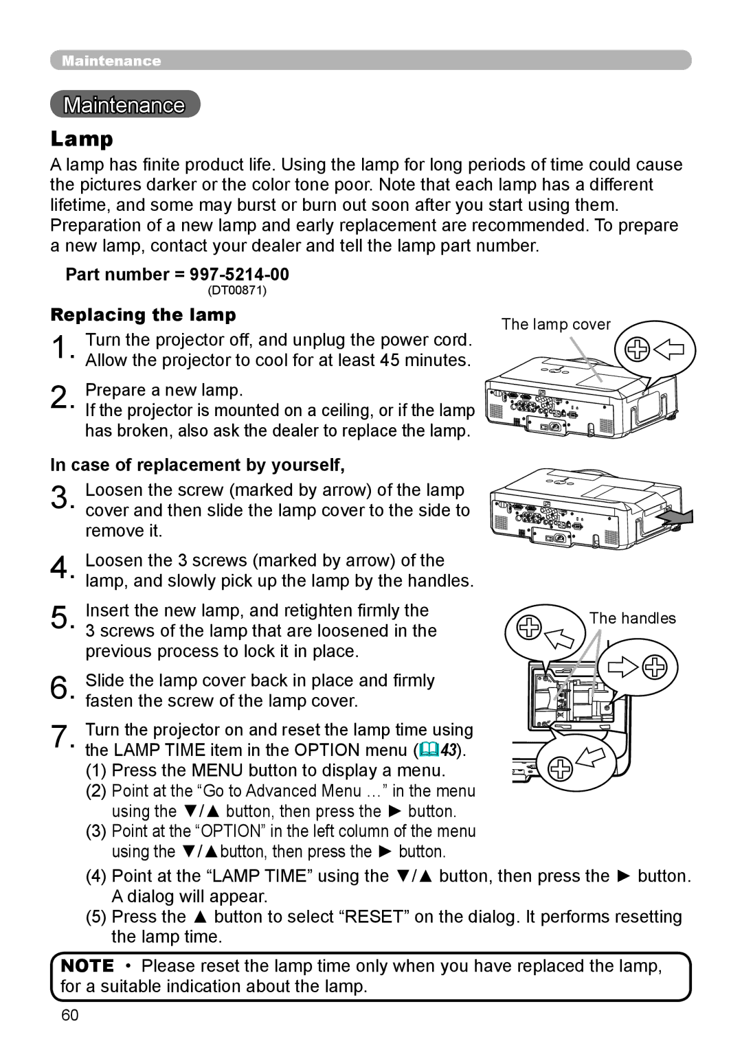 Planar PR9020 user manual Maintenance, Lamp, Part number =, Replacing the lamp, Case of replacement by yourself 