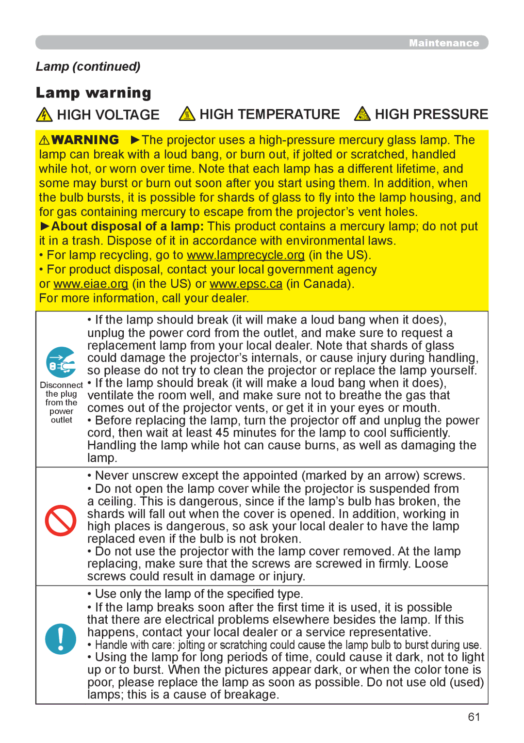 Planar PR9020 user manual Lamp warning 