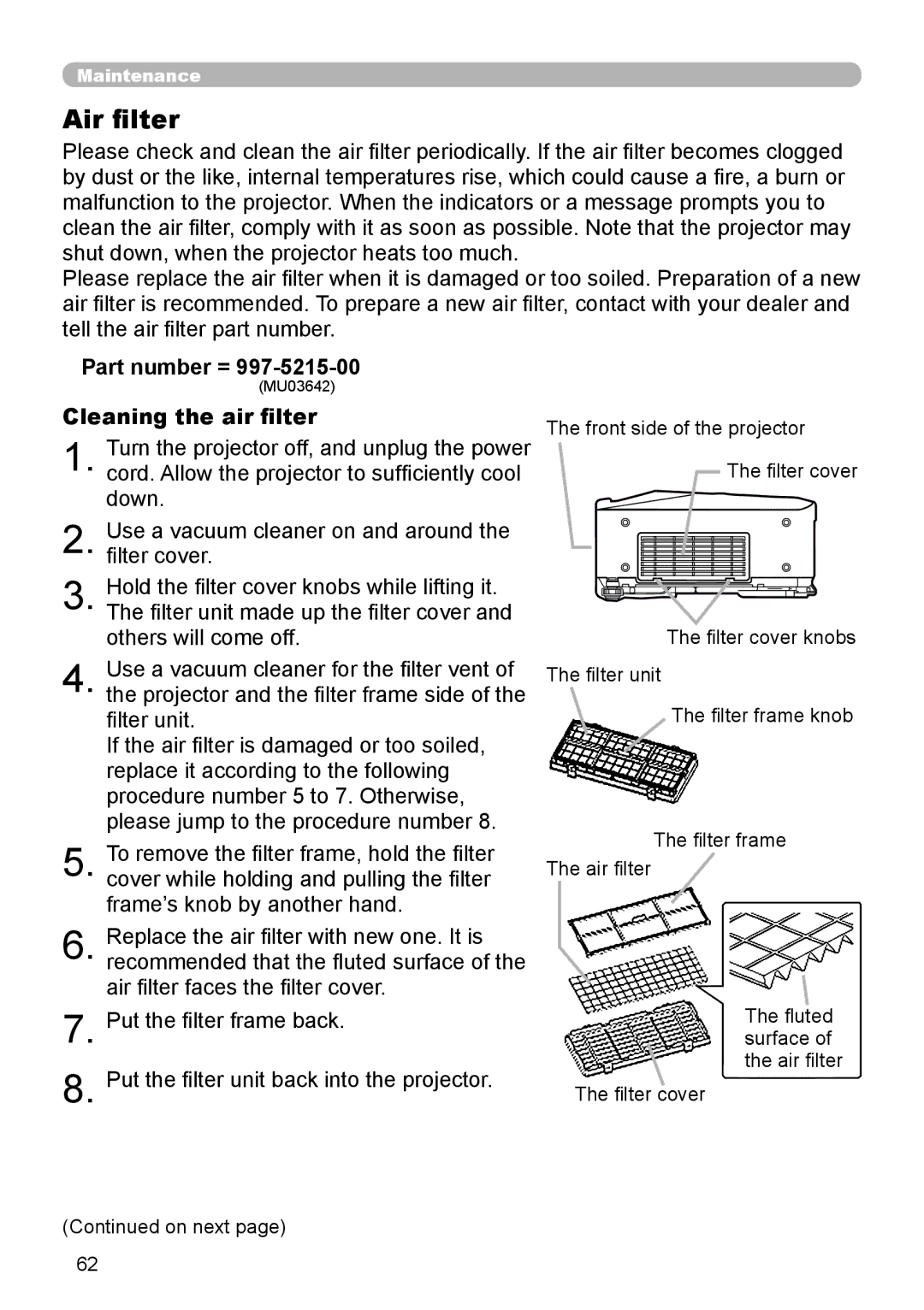 Planar PR9020 user manual Air filter, Cleaning the air filter 