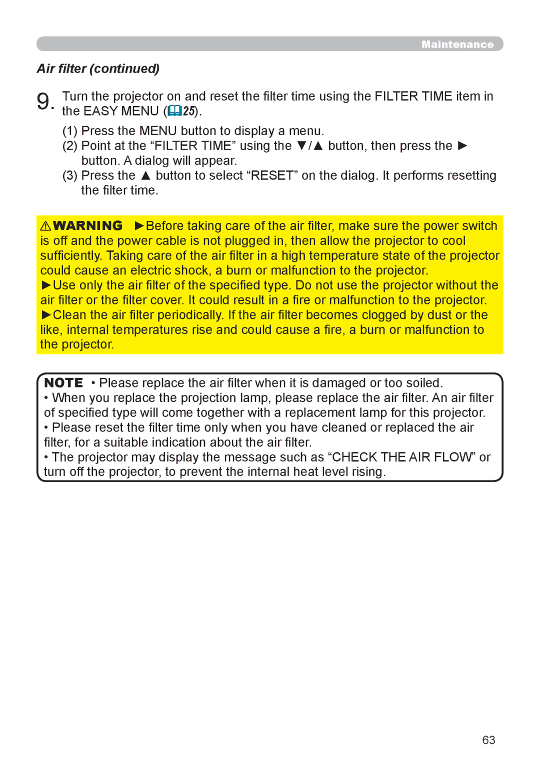 Planar PR9020 user manual Air filter 