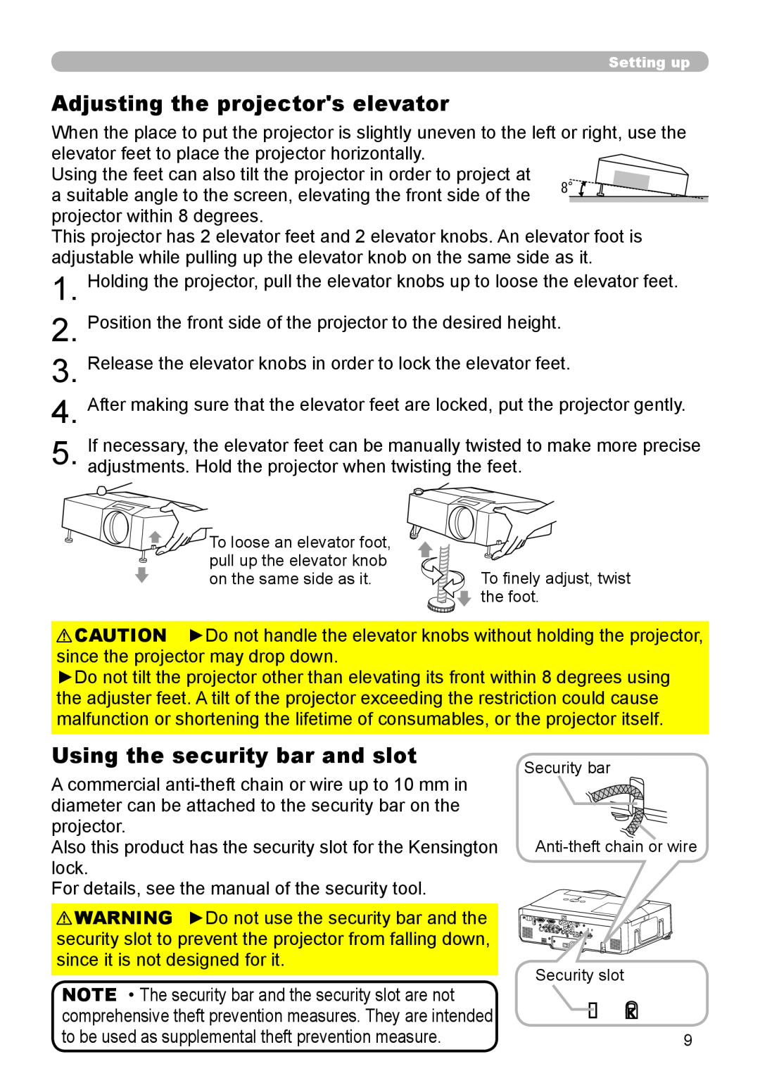 Planar PR9020 user manual Adjusting the projectors elevator, Using the security bar and slot 