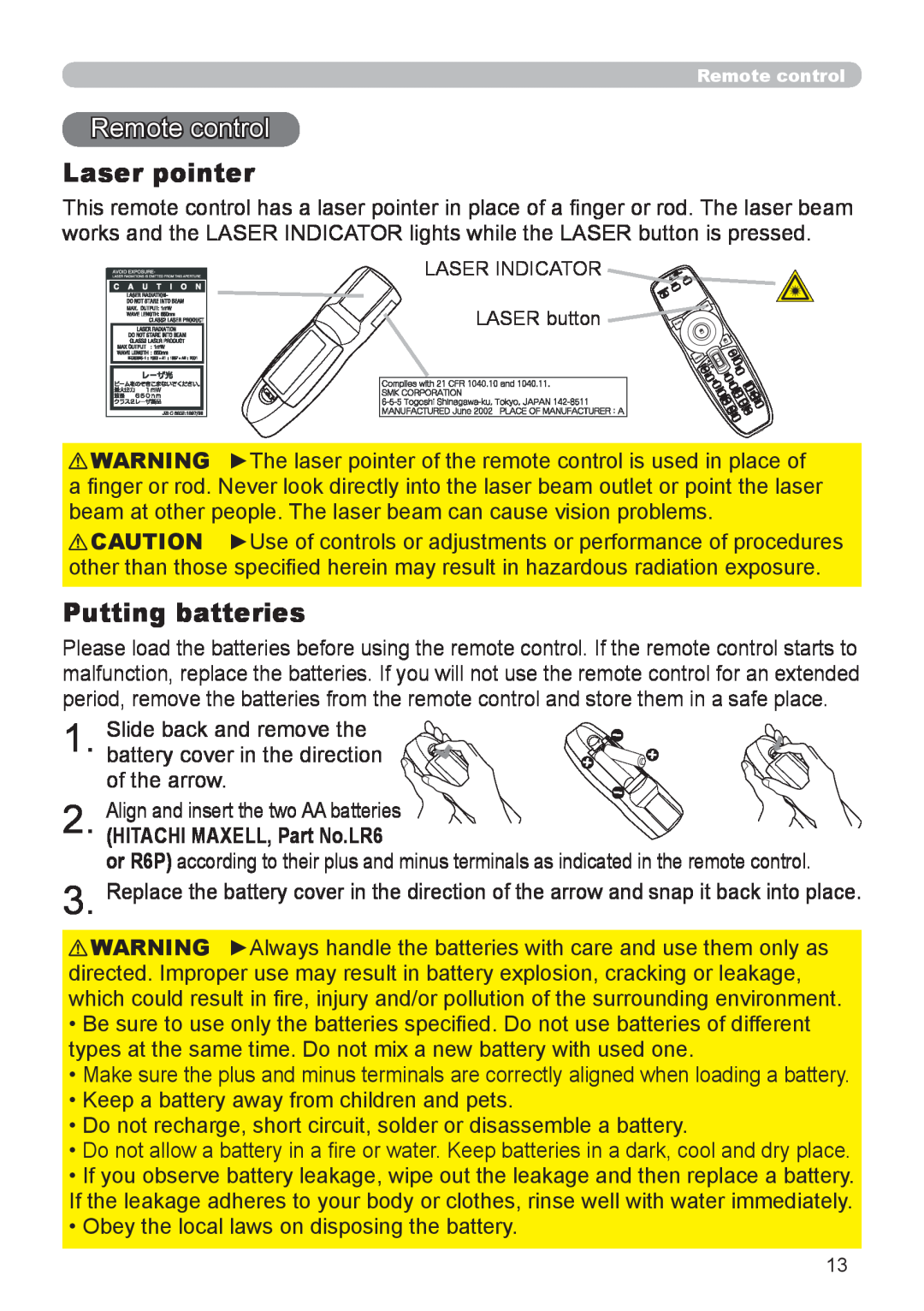 Planar PR9020 user manual Remote control, Laser pointer, Putting batteries, HITACHI MAXELL, Part No.LR6 