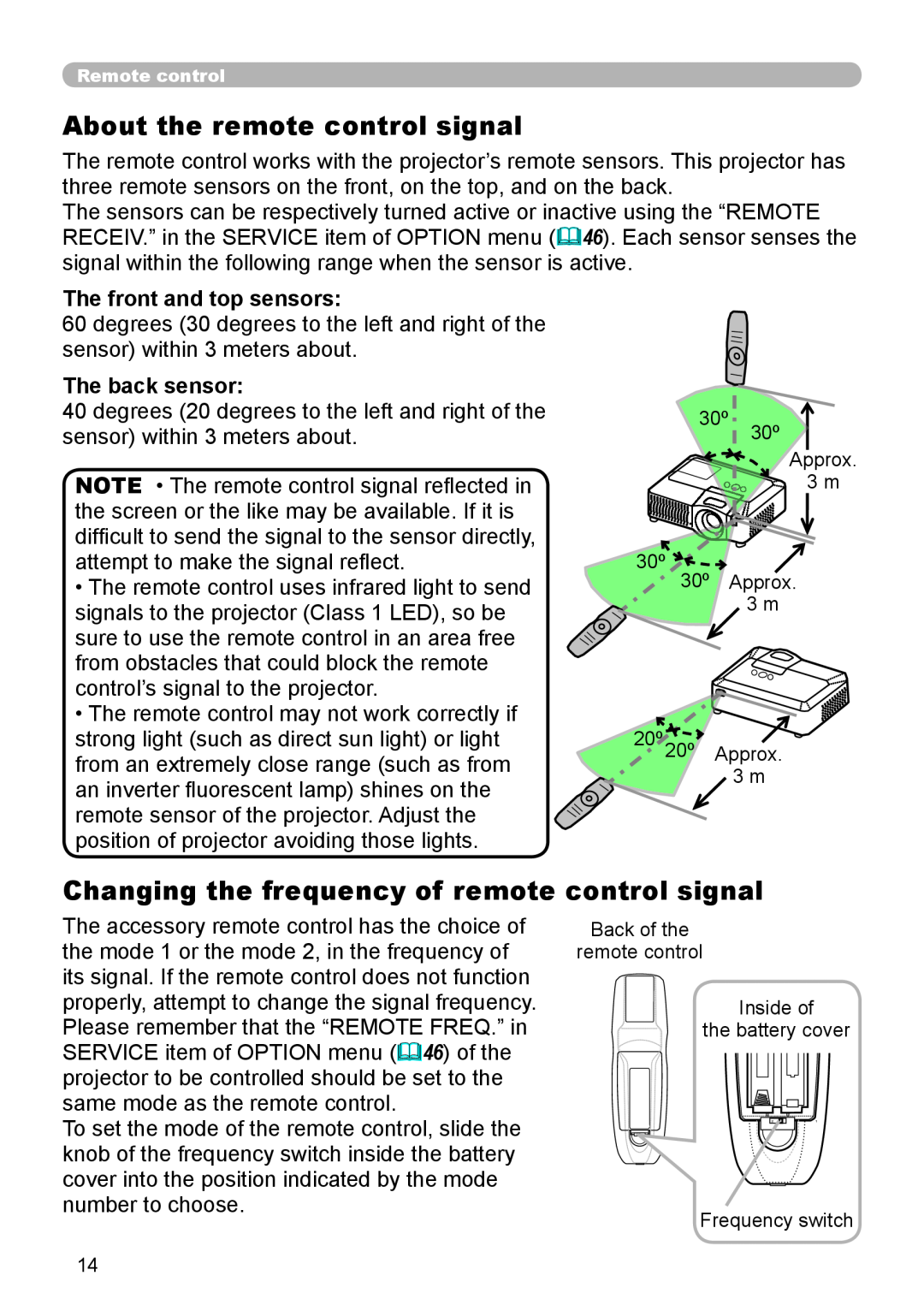 Planar PR9020 About the remote control signal, Changing the frequency of remote control signal, The front and top sensors 