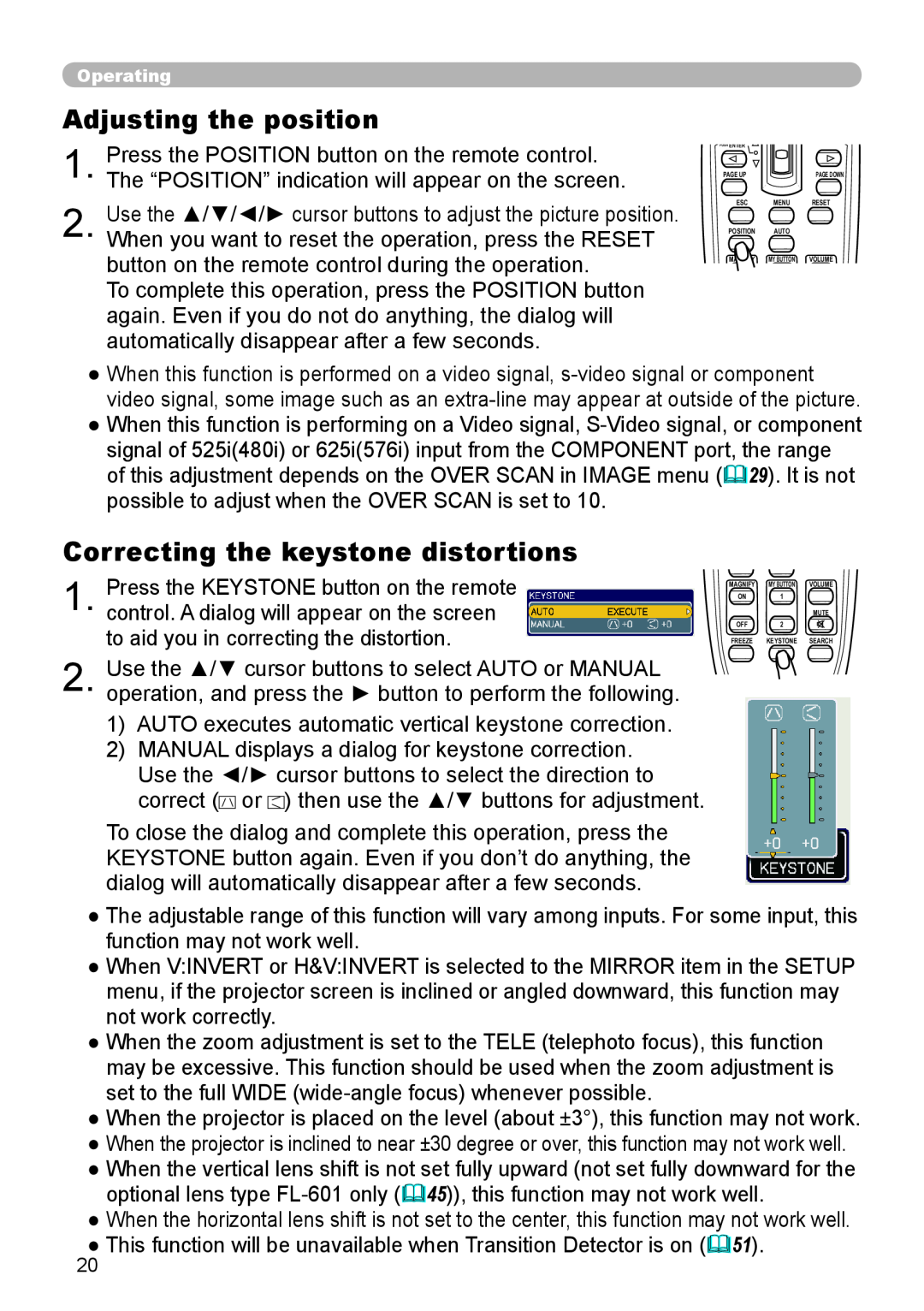 Planar PR9020 user manual Adjusting the position, Correcting the keystone distortions 