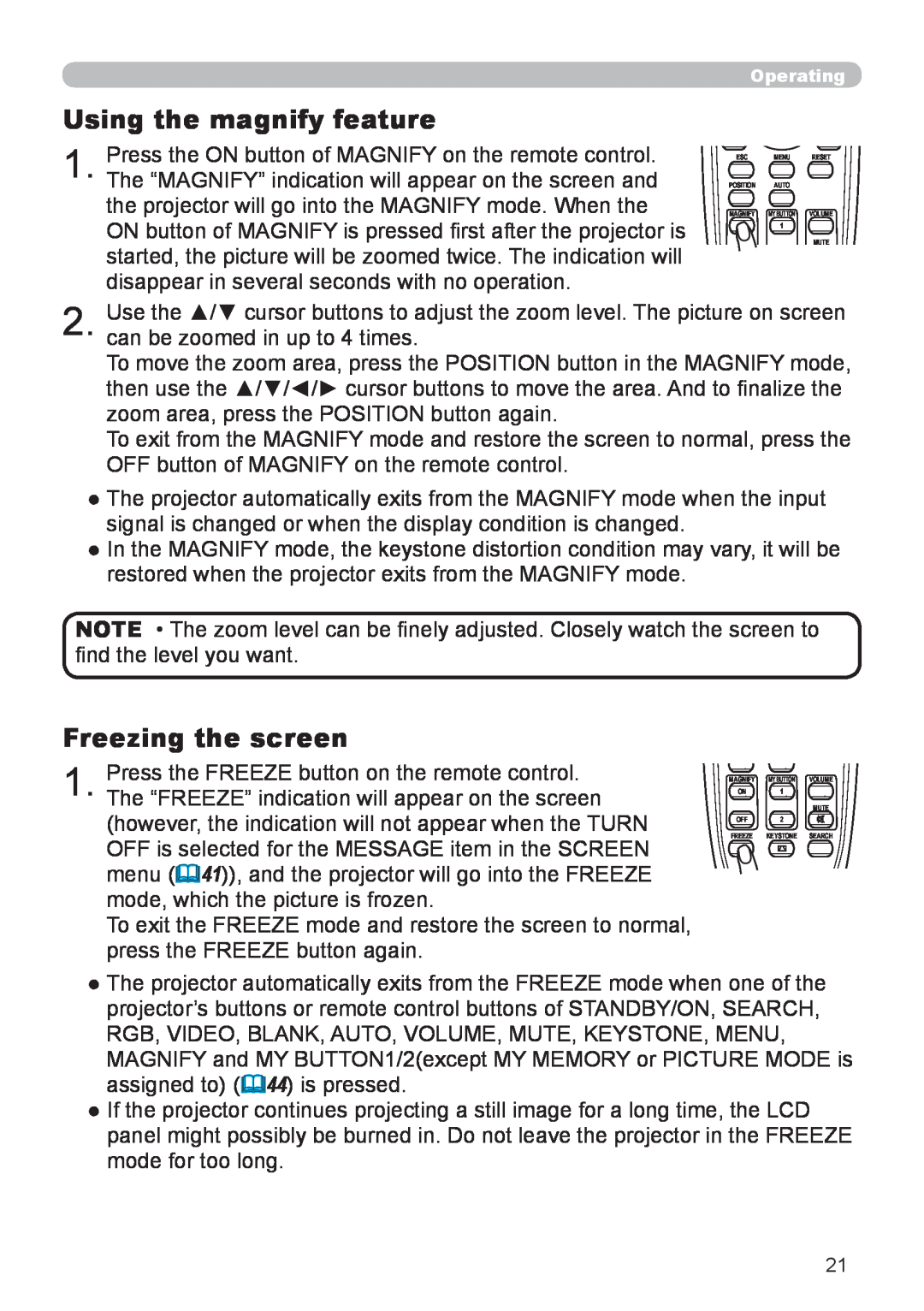 Planar PR9020 user manual Using the magnify feature, Freezing the screen 