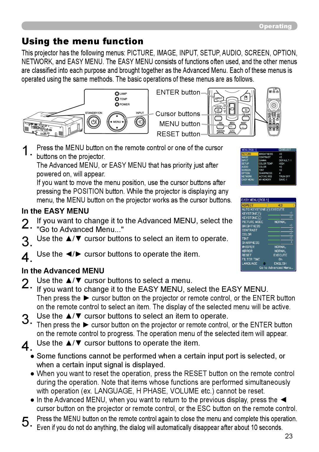 Planar PR9020 user manual Using the menu function, In the EASY MENU, In the Advanced MENU 