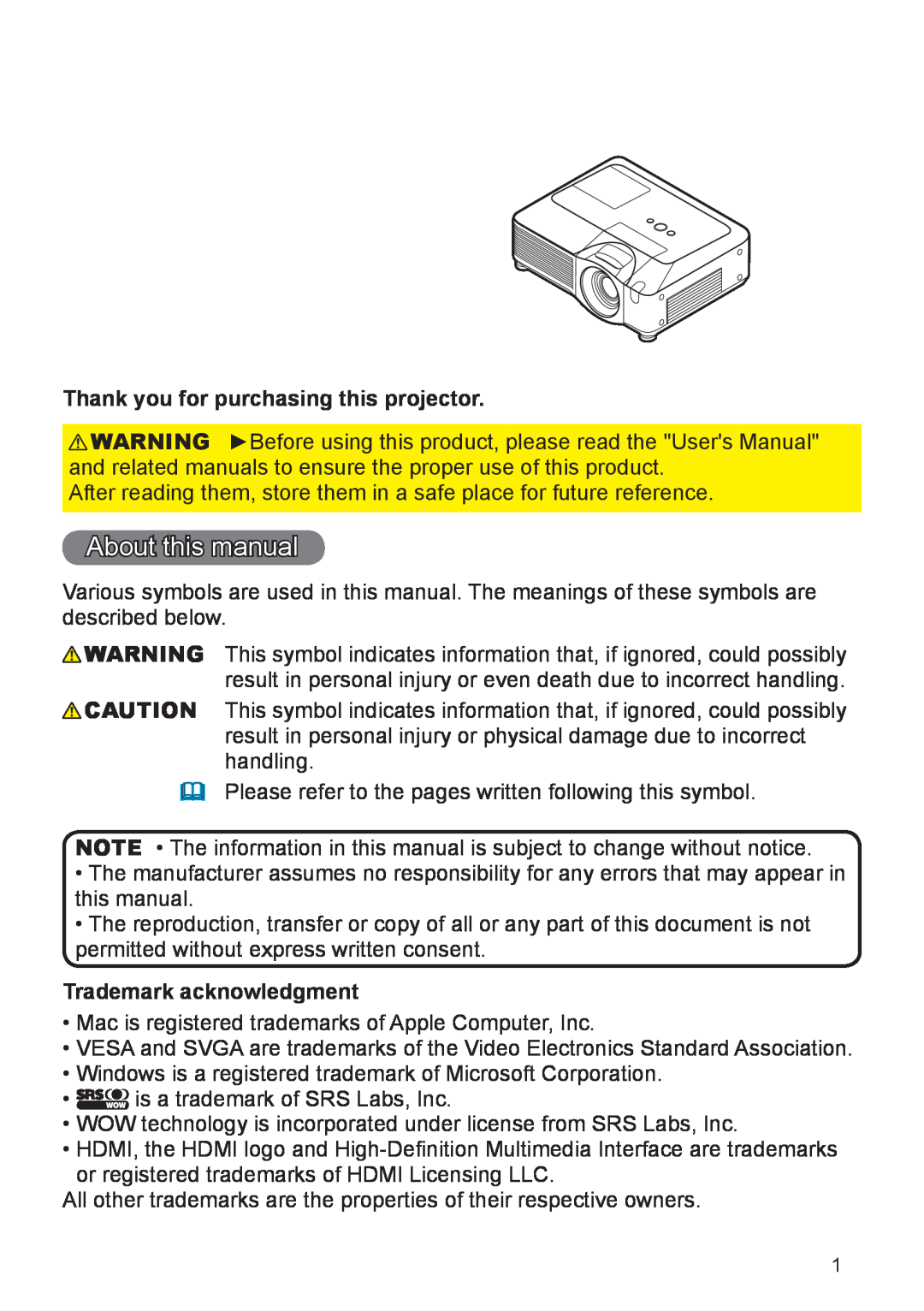 Planar PR9020 user manual About this manual, Thank you for purchasing this projector, Trademark acknowledgment 