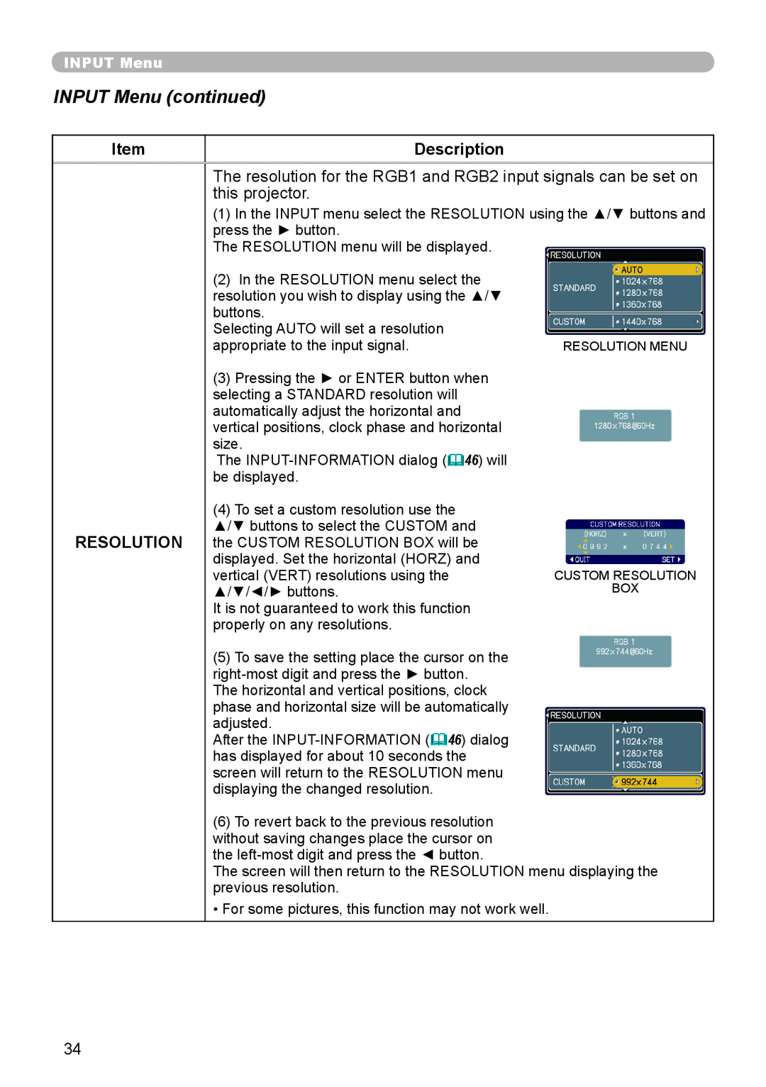 Planar PR9020 user manual INPUT Menu continued, Description, Resolution, The RESOLUTION menu will be displayed 
