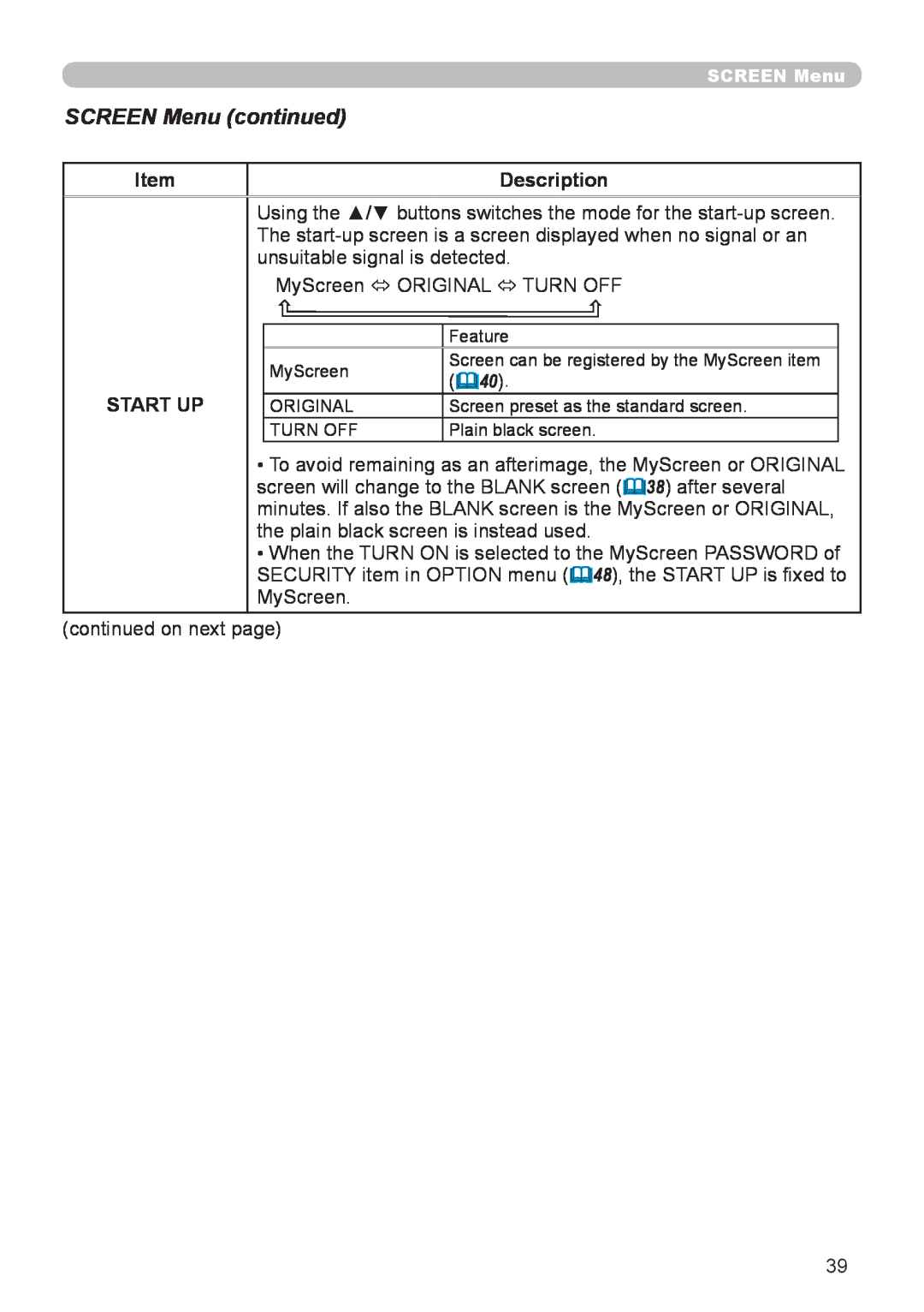 Planar PR9020 user manual SCREEN Menu continued, Description, Start Up 