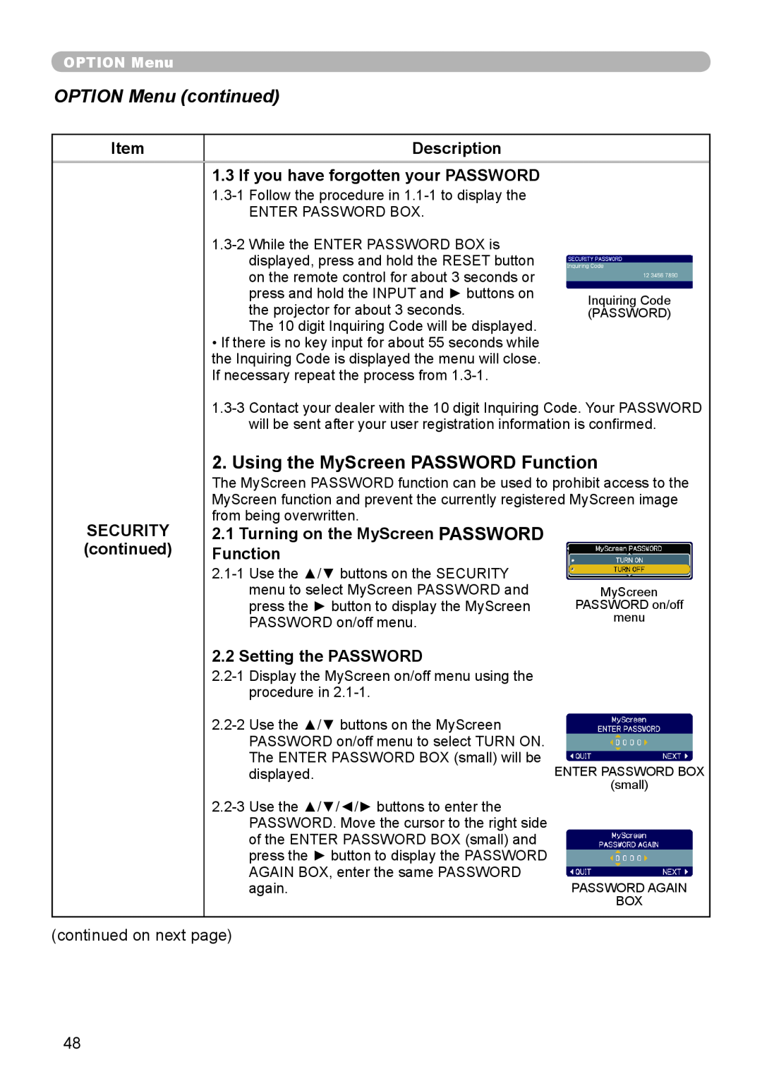 Planar PR9020 Using the MyScreen PASSWORD Function, OPTION Menu continued, Description, Security, Setting the PASSWORD 