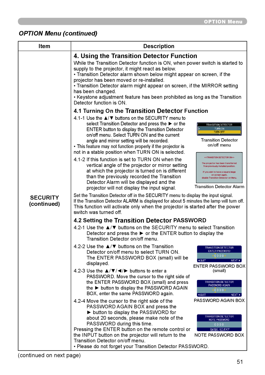 Planar PR9020 user manual Using the Transition Detector Function, OPTION Menu continued, Description, SECURITY continued 