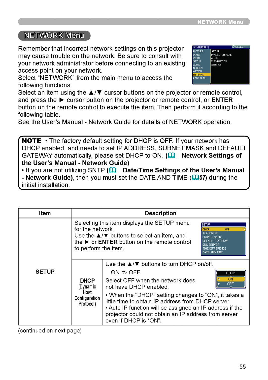 Planar PR9020 user manual NETWORK Menu, the User’s Manual - Network Guide 