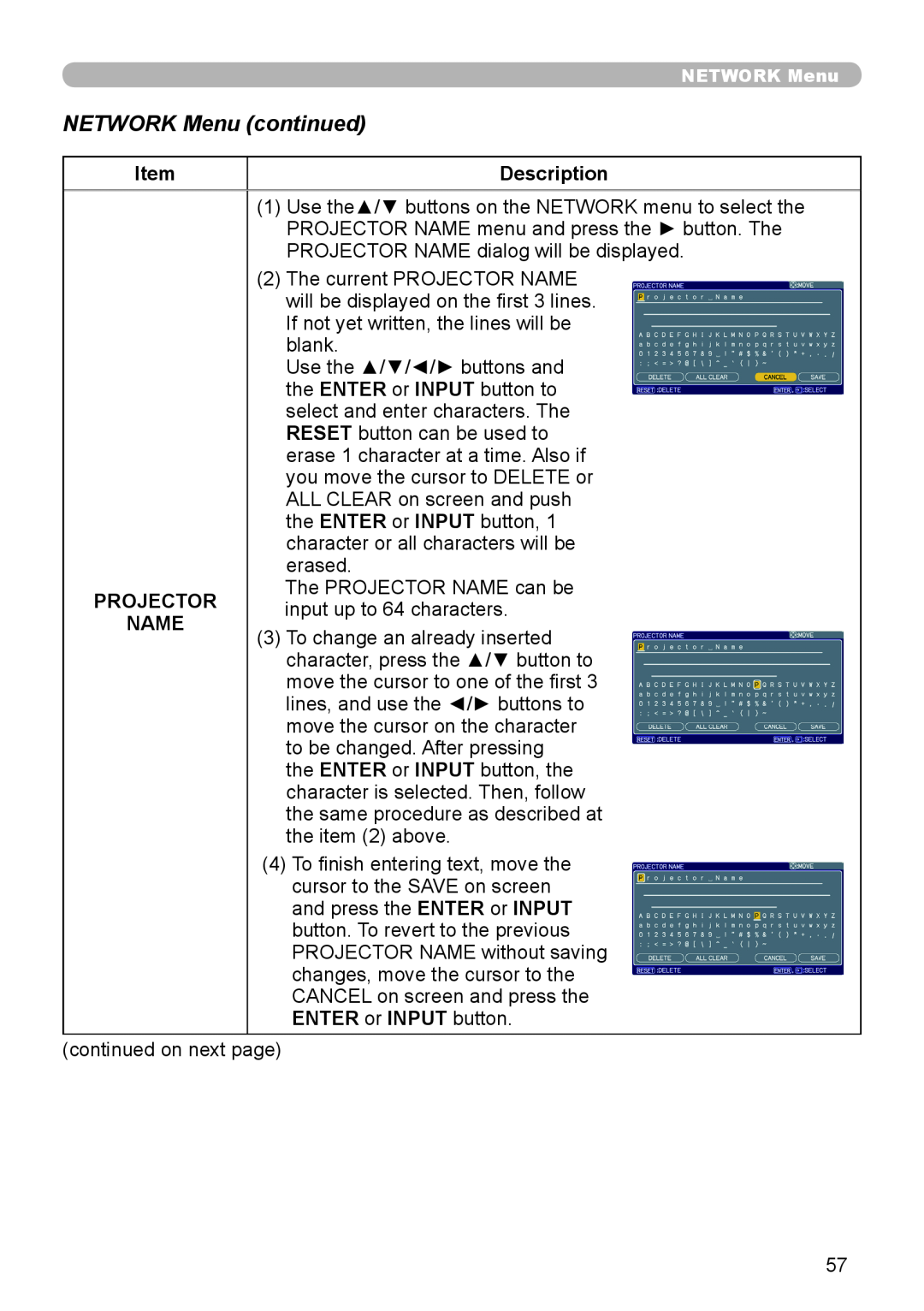 Planar PR9020 user manual NETWORK Menu continued, Description, Projector, Name, ENTER or INPUT button 