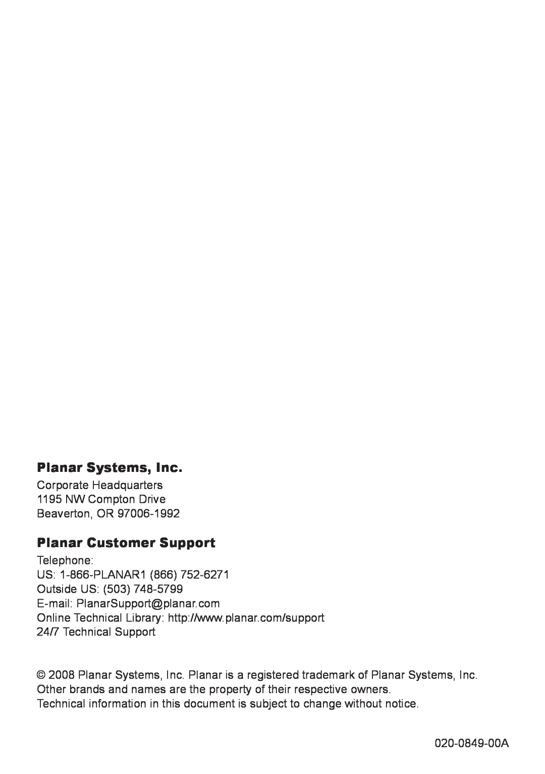 Planar PR9020 user manual Planar Systems, Inc, Planar Customer Support 