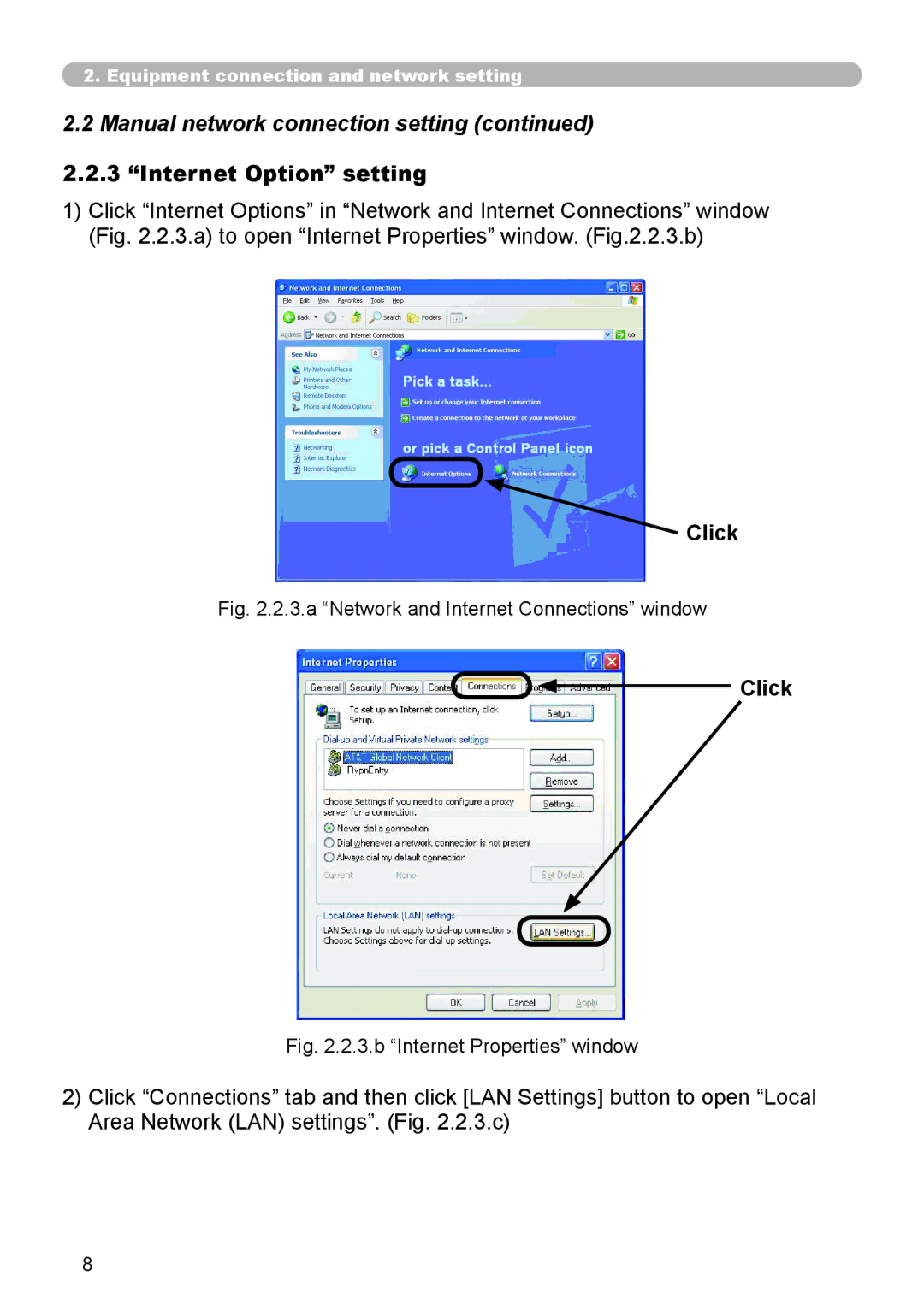 Planar PR9030 user manual Internet Option setting, Click 