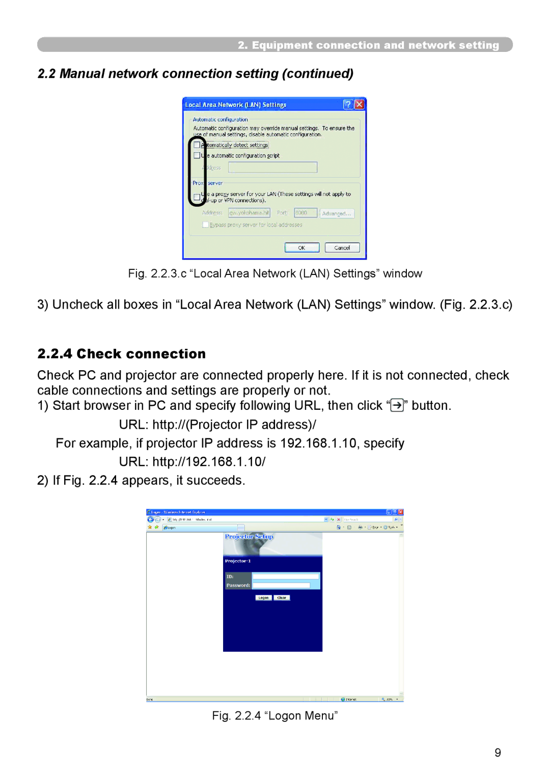 Planar PR9030 user manual Check connection, c Local Area Network LAN Settings window 