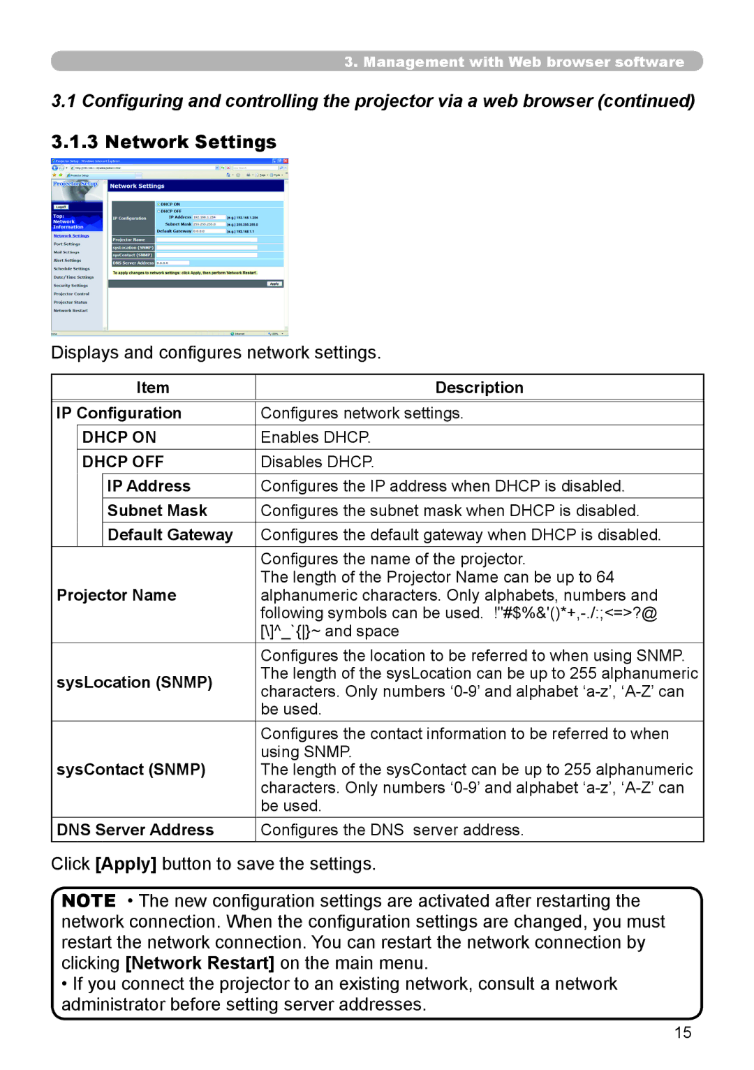 Planar PR9030 user manual Displays and configures network settings, Dhcp on, Dhcp OFF 