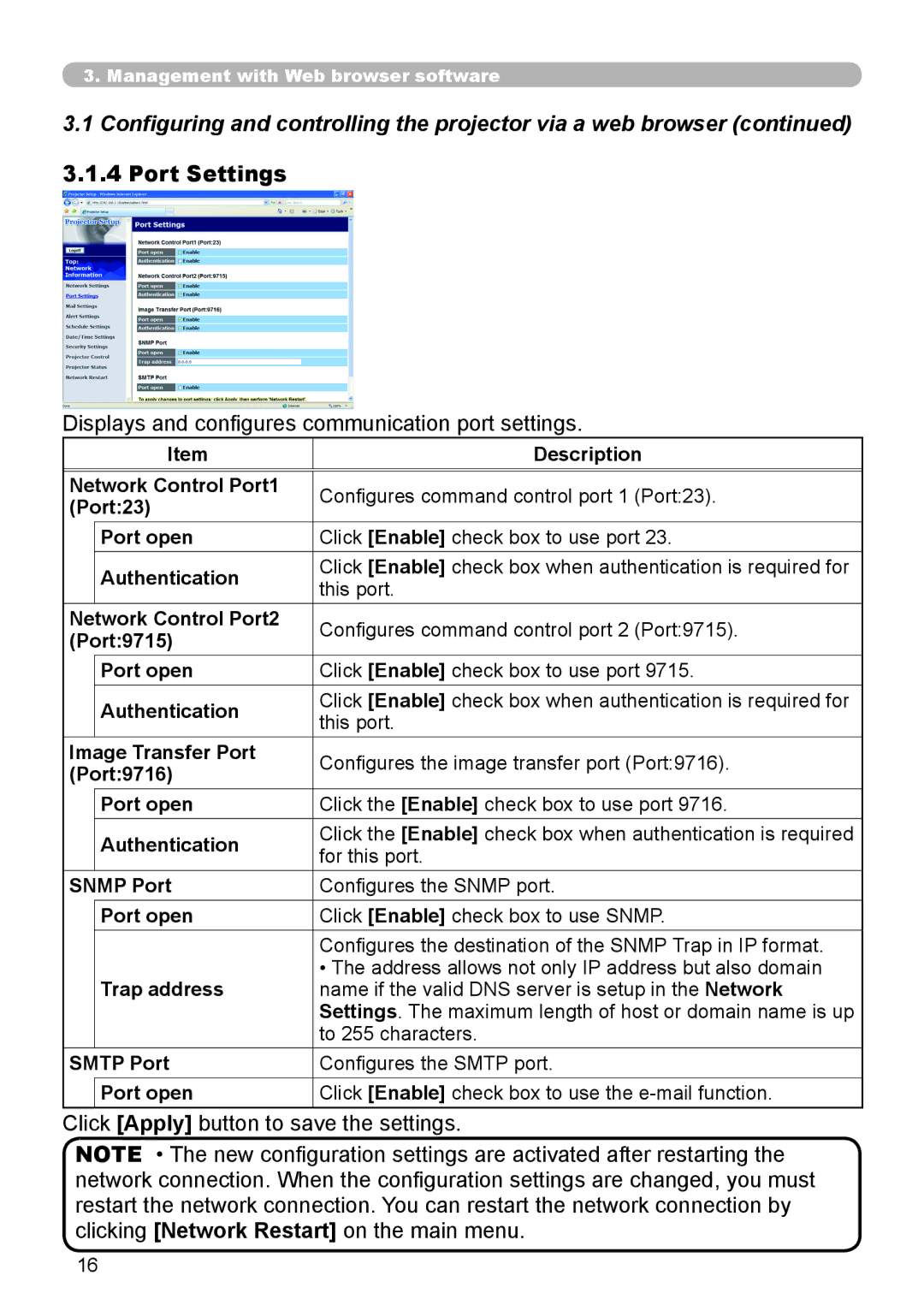 Planar PR9030 Port Settings, Displays and configures communication port settings, Click Apply button to save the settings 