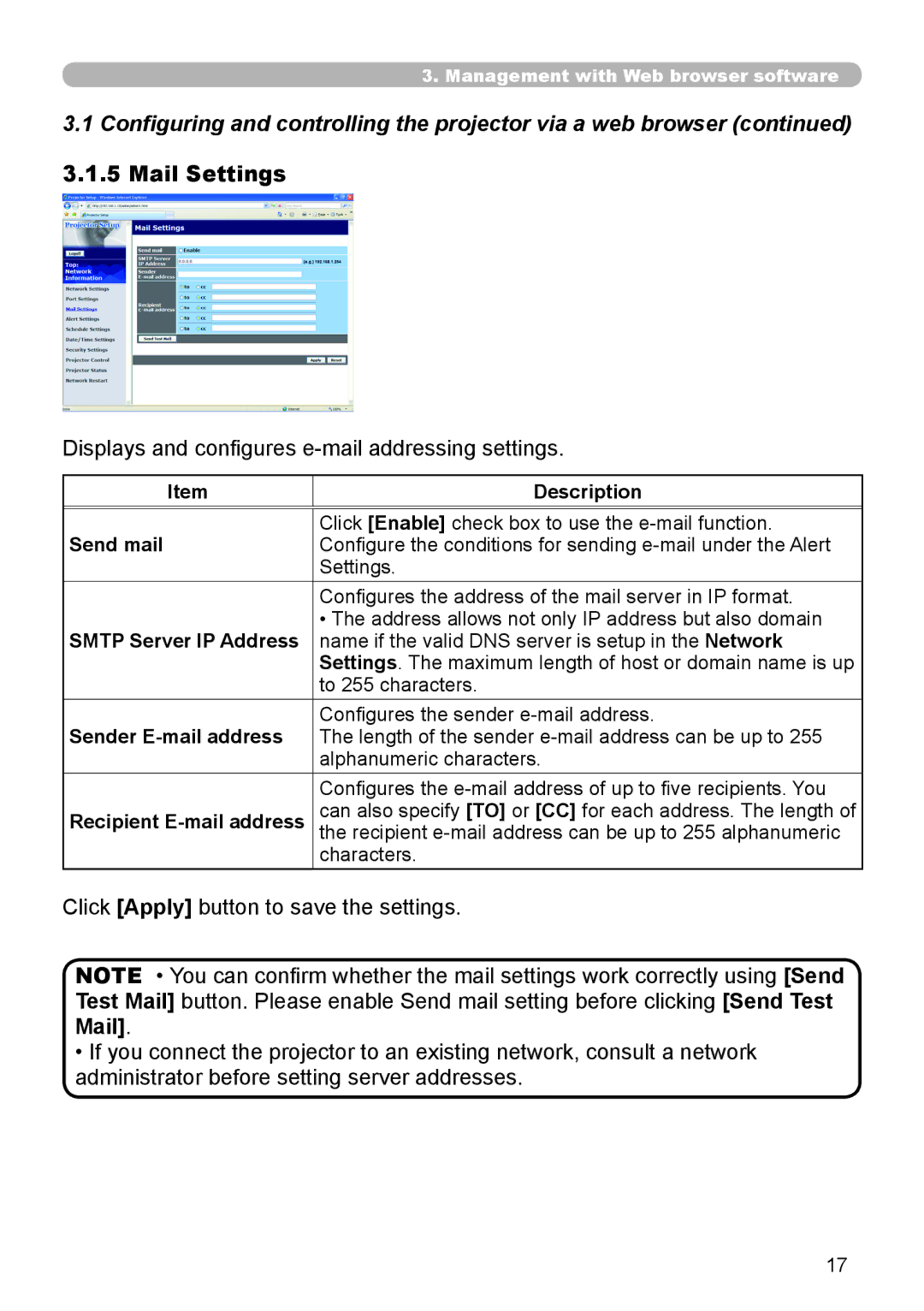 Planar PR9030 user manual Mail Settings, Displays and configures e-mail addressing settings 