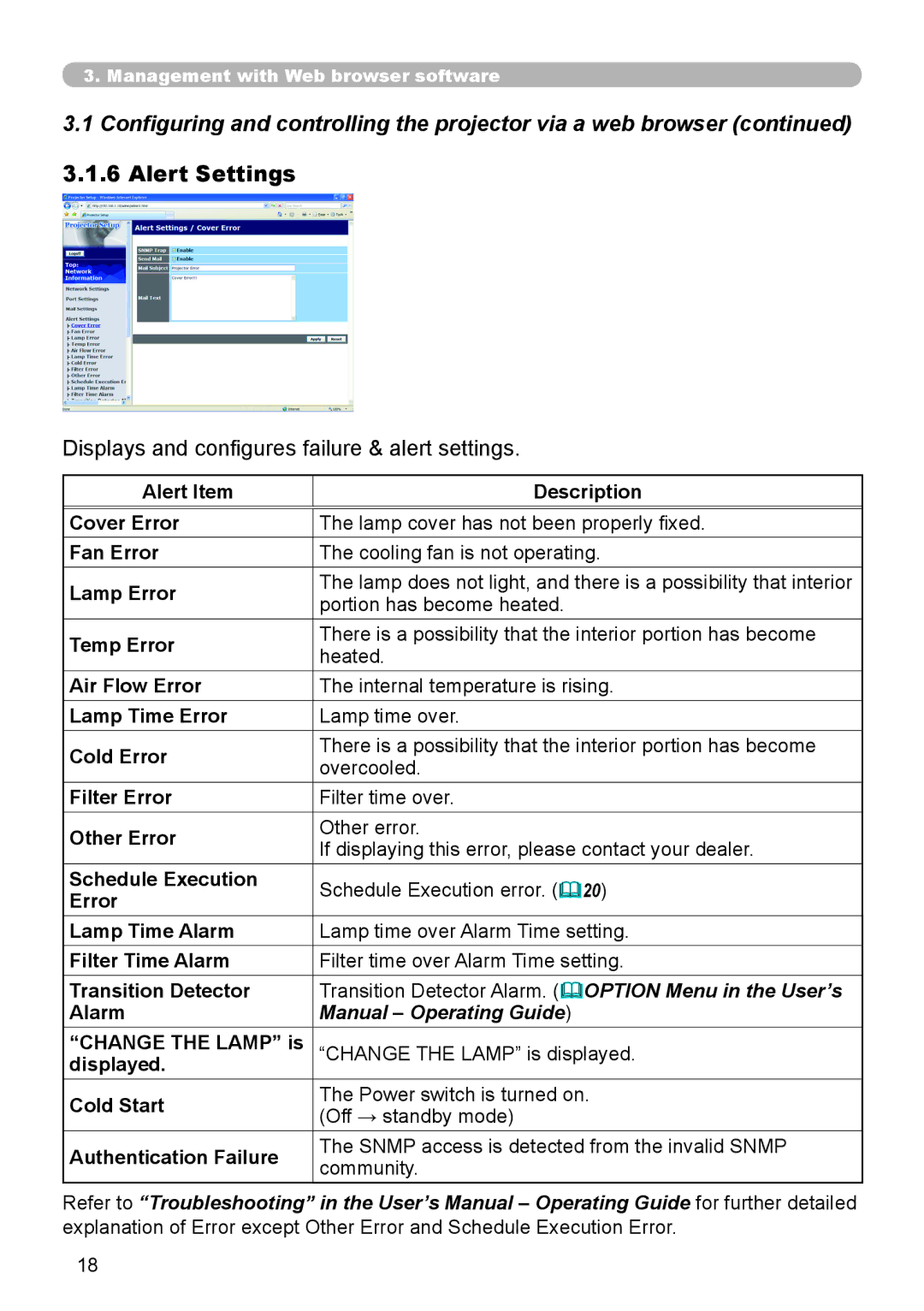 Planar PR9030 user manual Alert Settings, Displays and configures failure & alert settings, Portion has become heated 