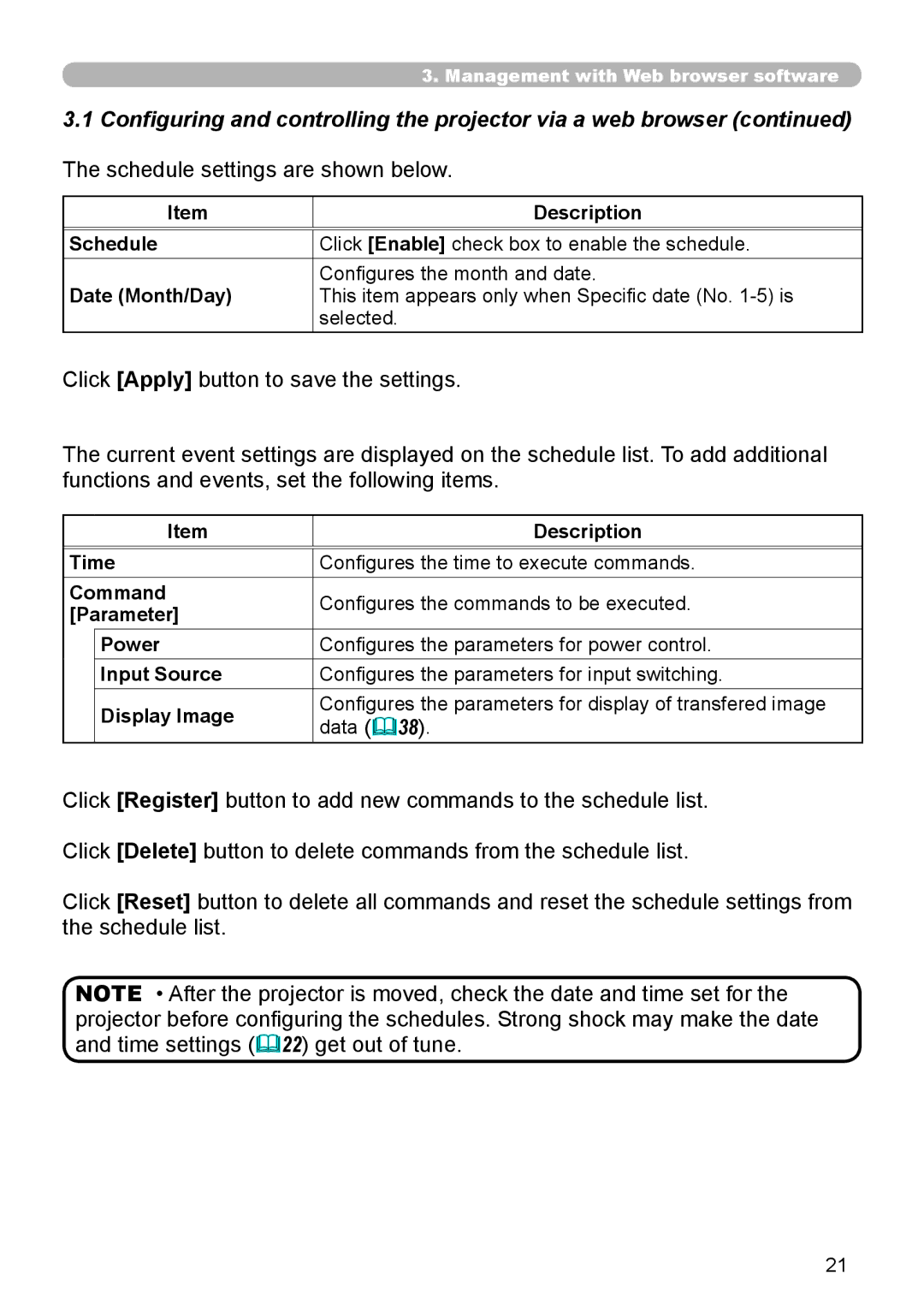 Planar PR9030 user manual Schedule settings are shown below, Description Schedule, Date Month/Day, Data  