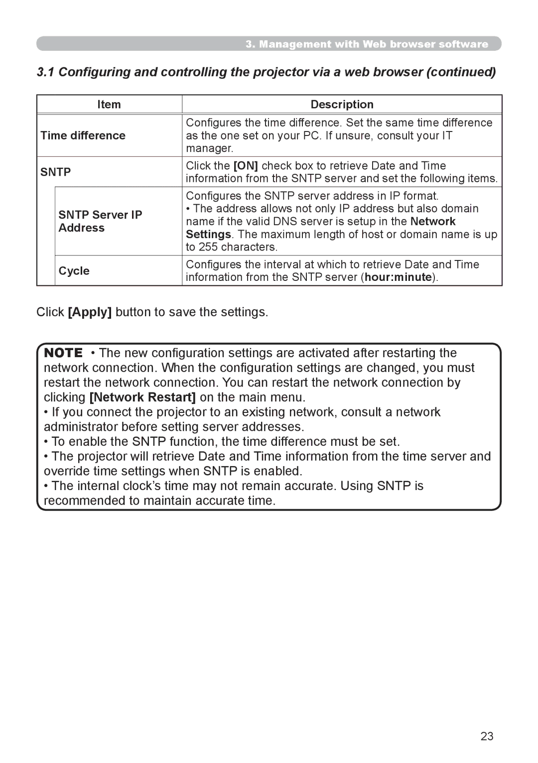 Planar PR9030 user manual Time difference, Sntp Server IP, Address, Cycle 