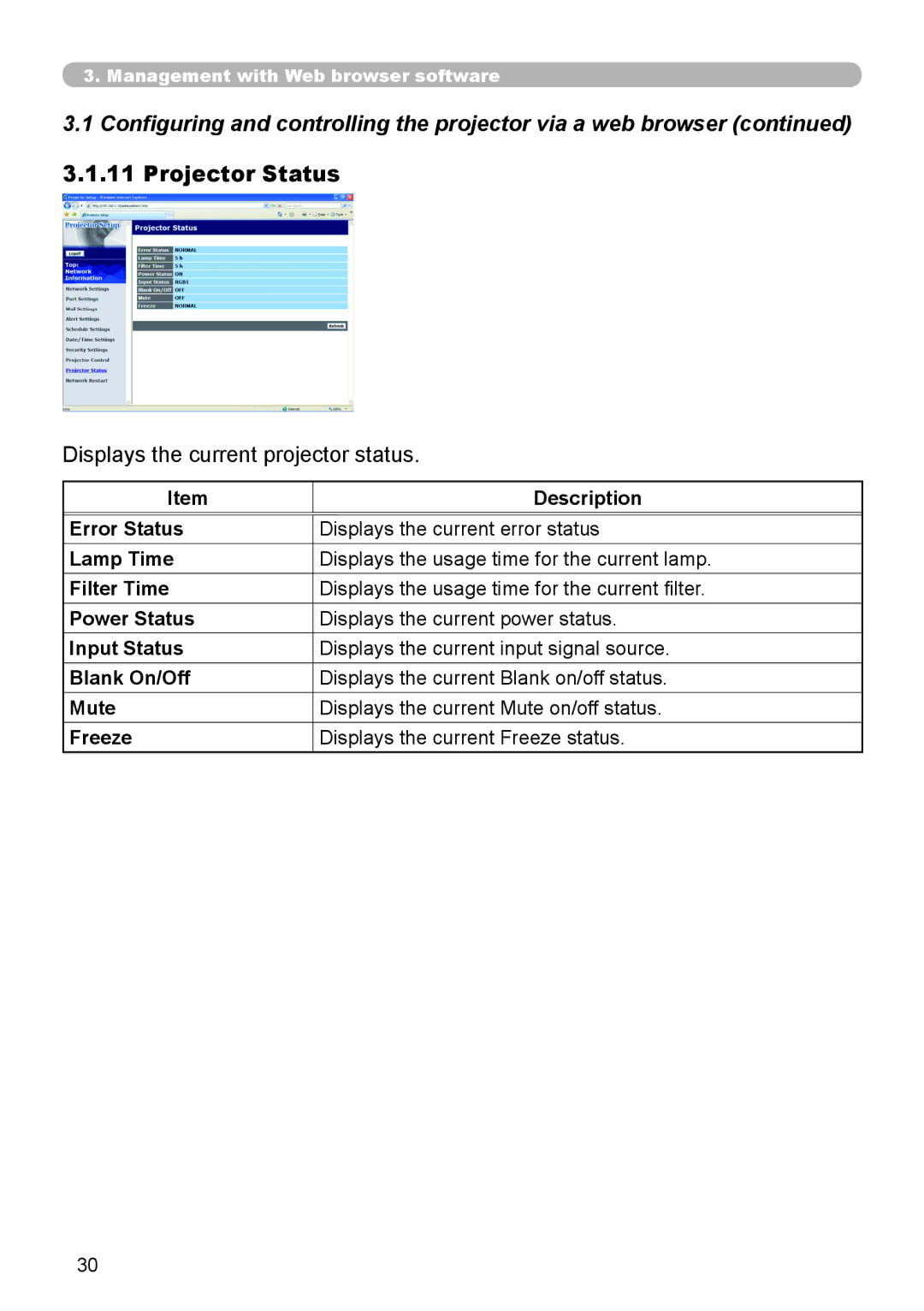 Planar PR9030 user manual Projector Status, Displays the current projector status 