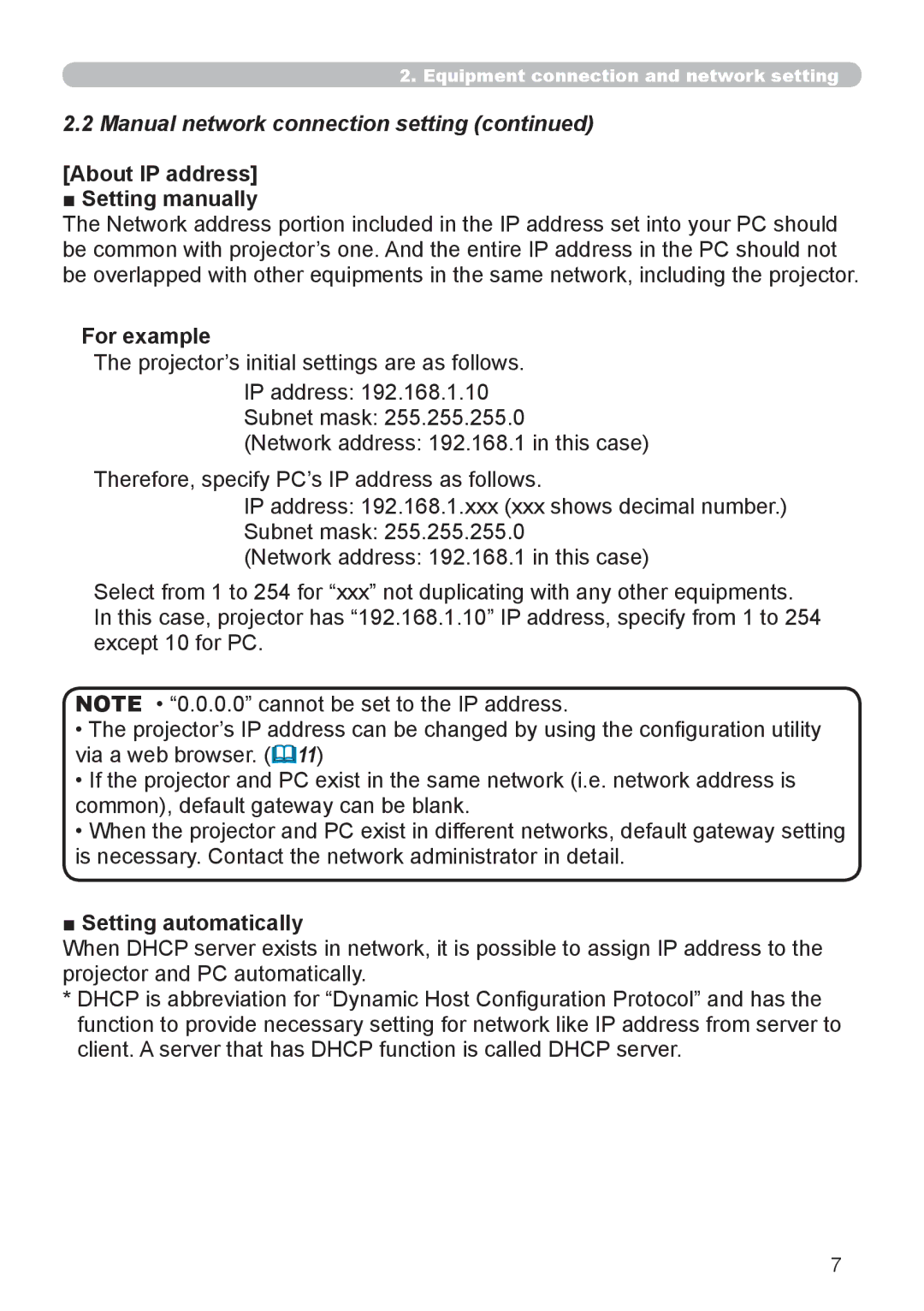 Planar PR9030 user manual About IP address Setting manually, For example, Setting automatically 