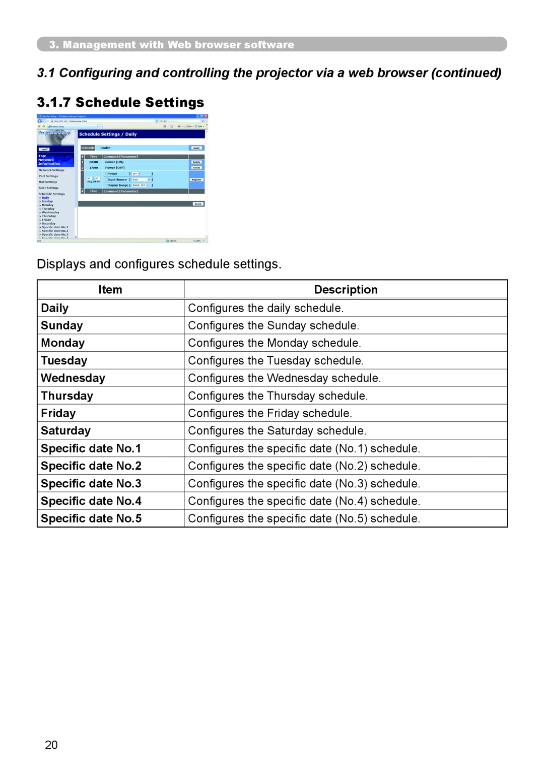 Planar PR9030 user manual Schedule Settings, Displays and configures schedule settings 