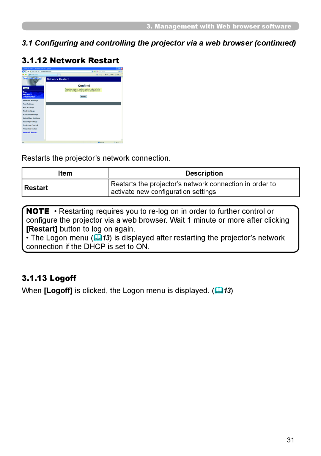 Planar PR9030 user manual Network Restart, Logoff 