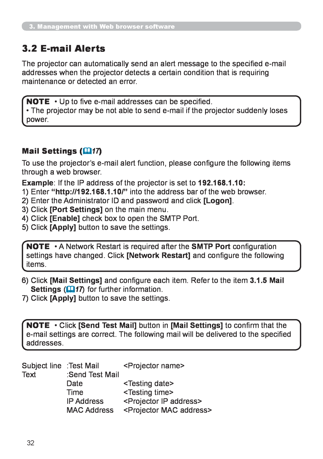 Planar PR9030 user manual E-mail Alerts, Mail Settings 17 