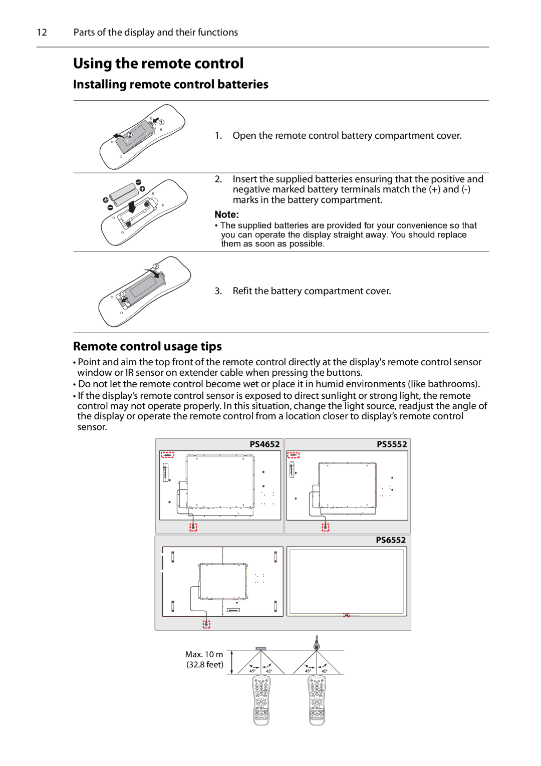 Planar PS4652/PS5552/PS6552 manual Using the remote control, Installing remote control batteries, Remote control usage tips 