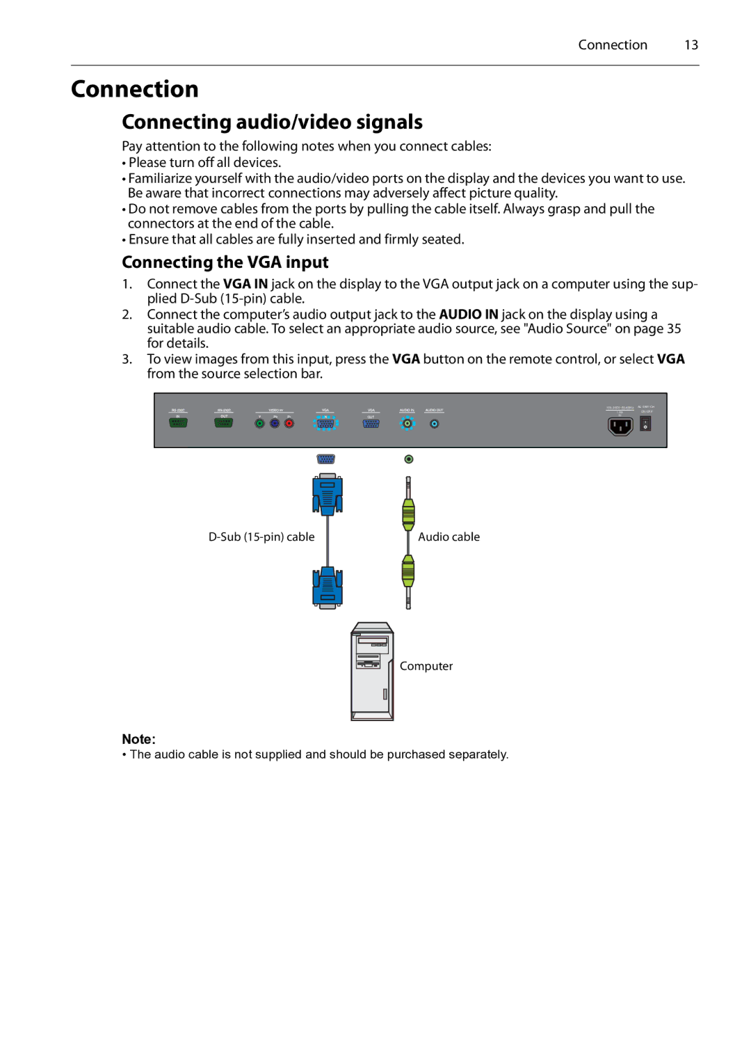 Planar PS4652/PS5552/PS6552 manual Connection, Connecting audio/video signals, Connecting the VGA input 