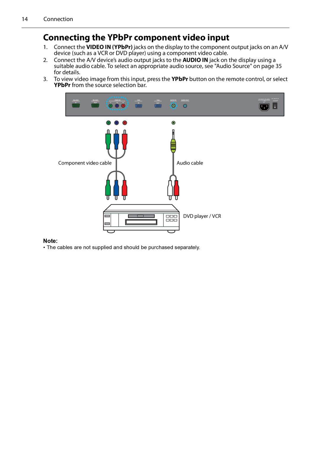 Planar PS4652/PS5552/PS6552 manual Connecting the YPbPr component video input 