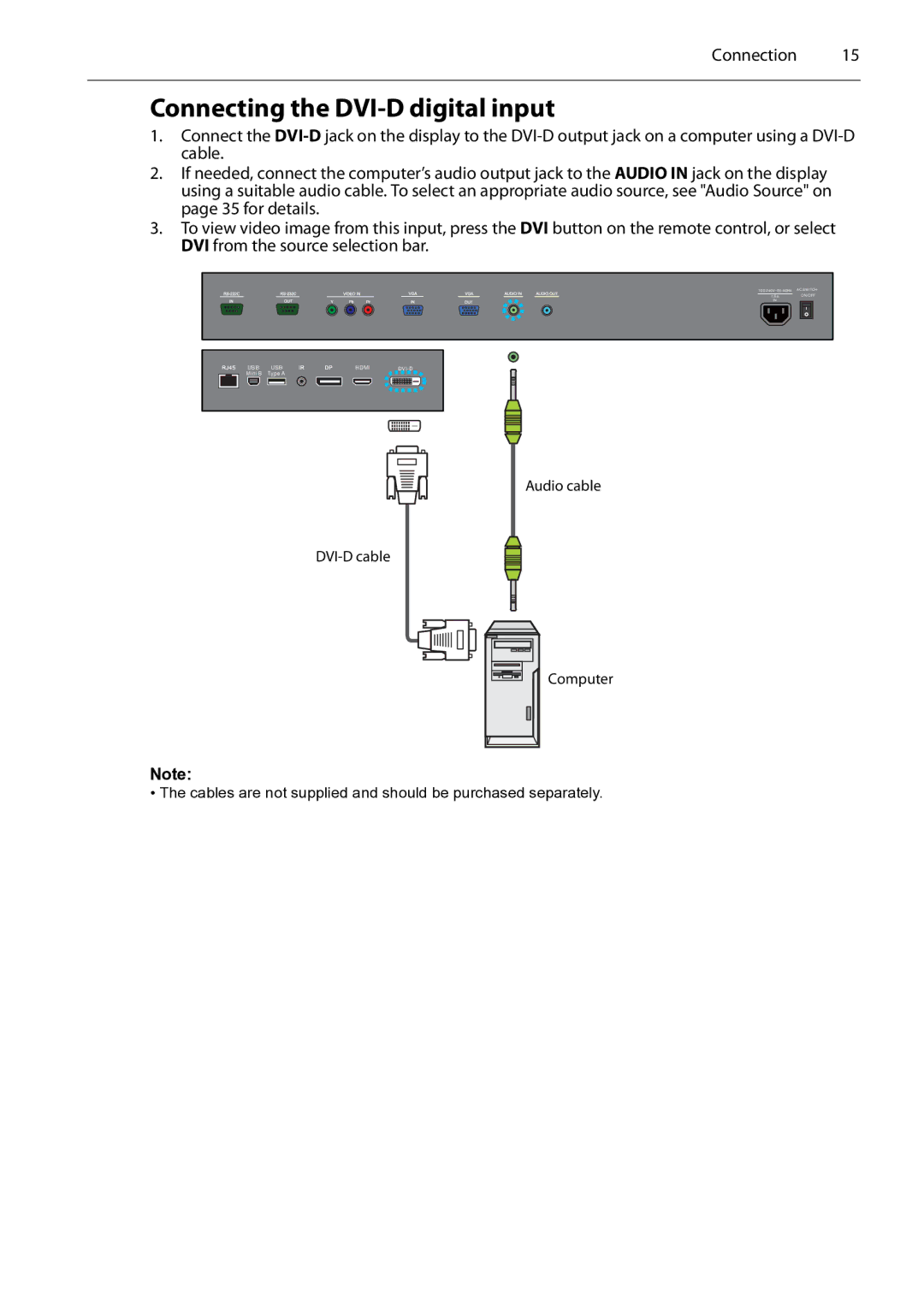 Planar PS4652/PS5552/PS6552 manual Connecting the DVI-D digital input 