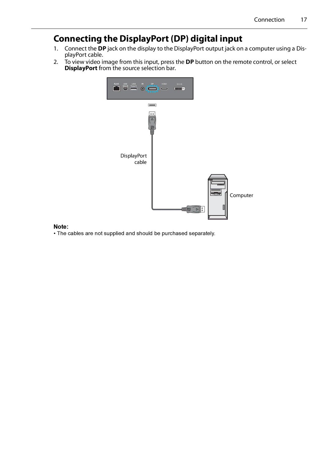 Planar PS4652/PS5552/PS6552 manual Connecting the DisplayPort DP digital input 