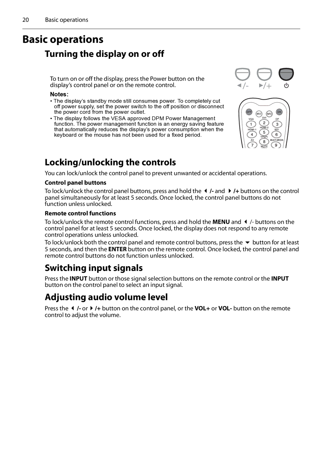 Planar PS4652/PS5552/PS6552 manual Basic operations, Turning the display on or off, Locking/unlocking the controls 